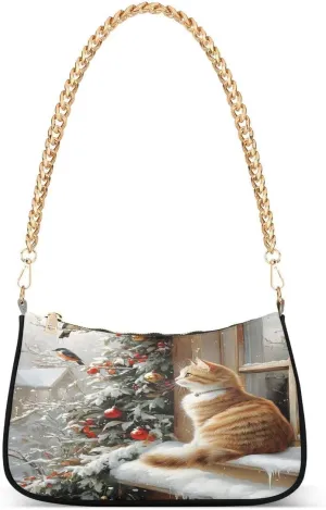 ALAZA Christmas Cat Bird Winter Chian Shoulder Bag Handbags Tote Mini Clutch Purse Hobo Bag with Zipper Closure for Women