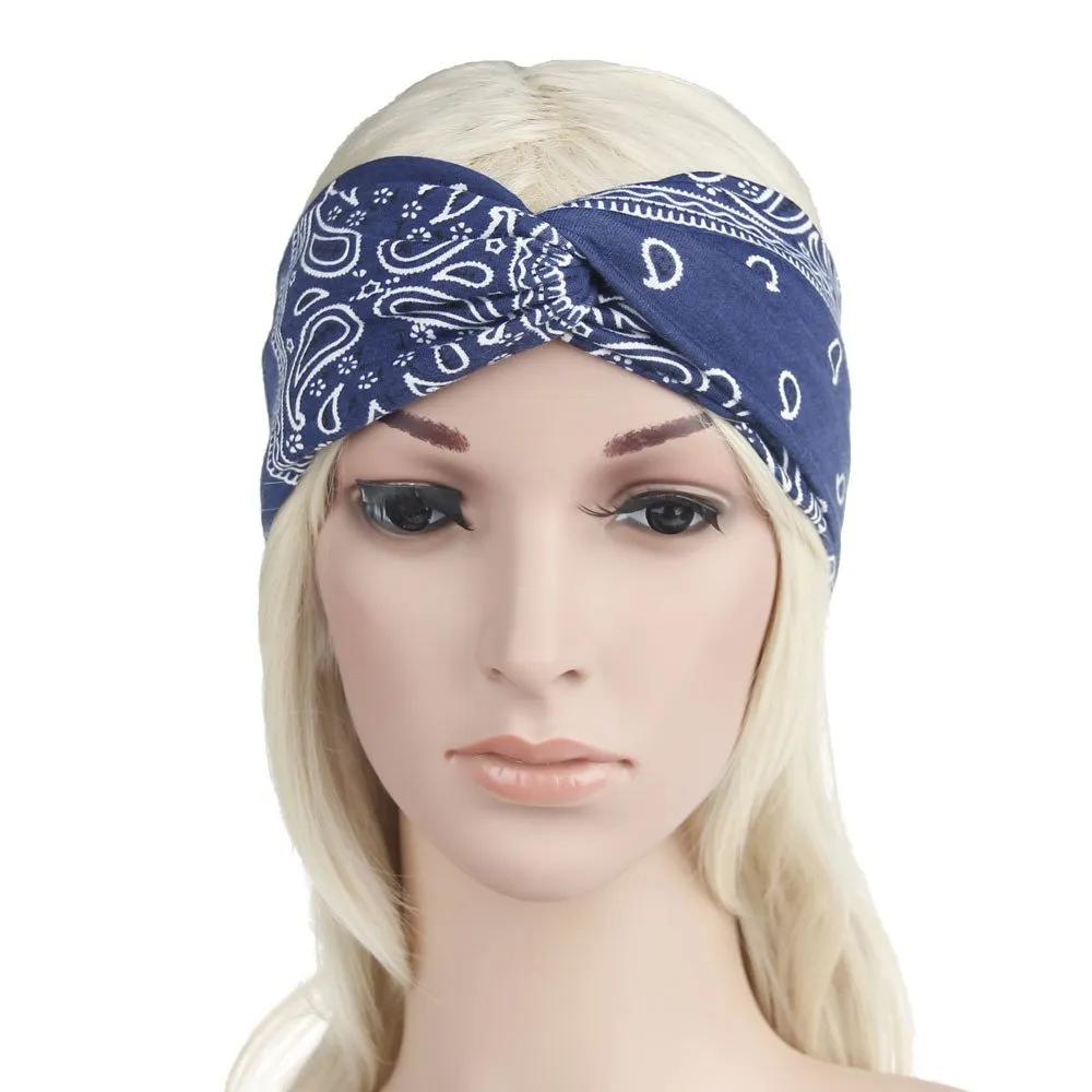 Assorted Paisley Print Wide Bandana Knot Headbands Criss Cross Head Wrap Hair Band (Blue)