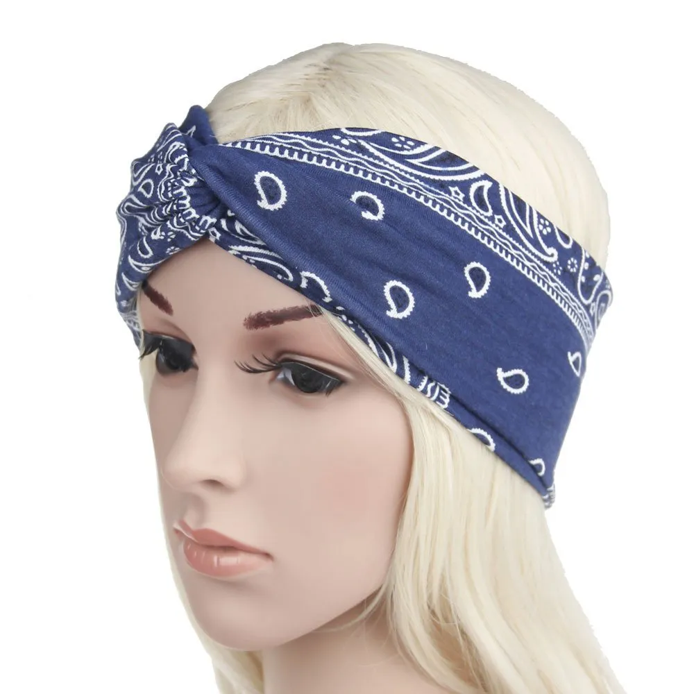 Assorted Paisley Print Wide Bandana Knot Headbands Criss Cross Head Wrap Hair Band (Blue)
