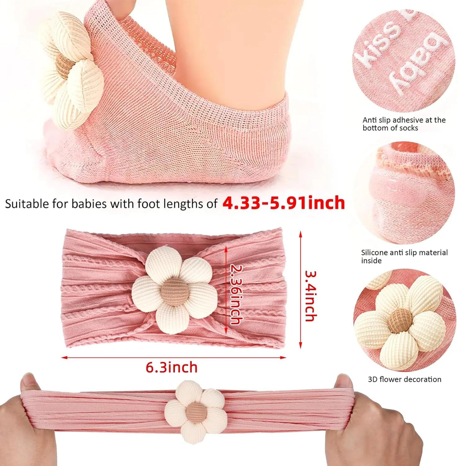 Baby Girl Headbands and Socks,Non-Slip Grips Socks Flower Soft Hairbands Hair Accessories for Infant Toddler Kids (US, Age, 6 Months, 12 Months, pink beige)