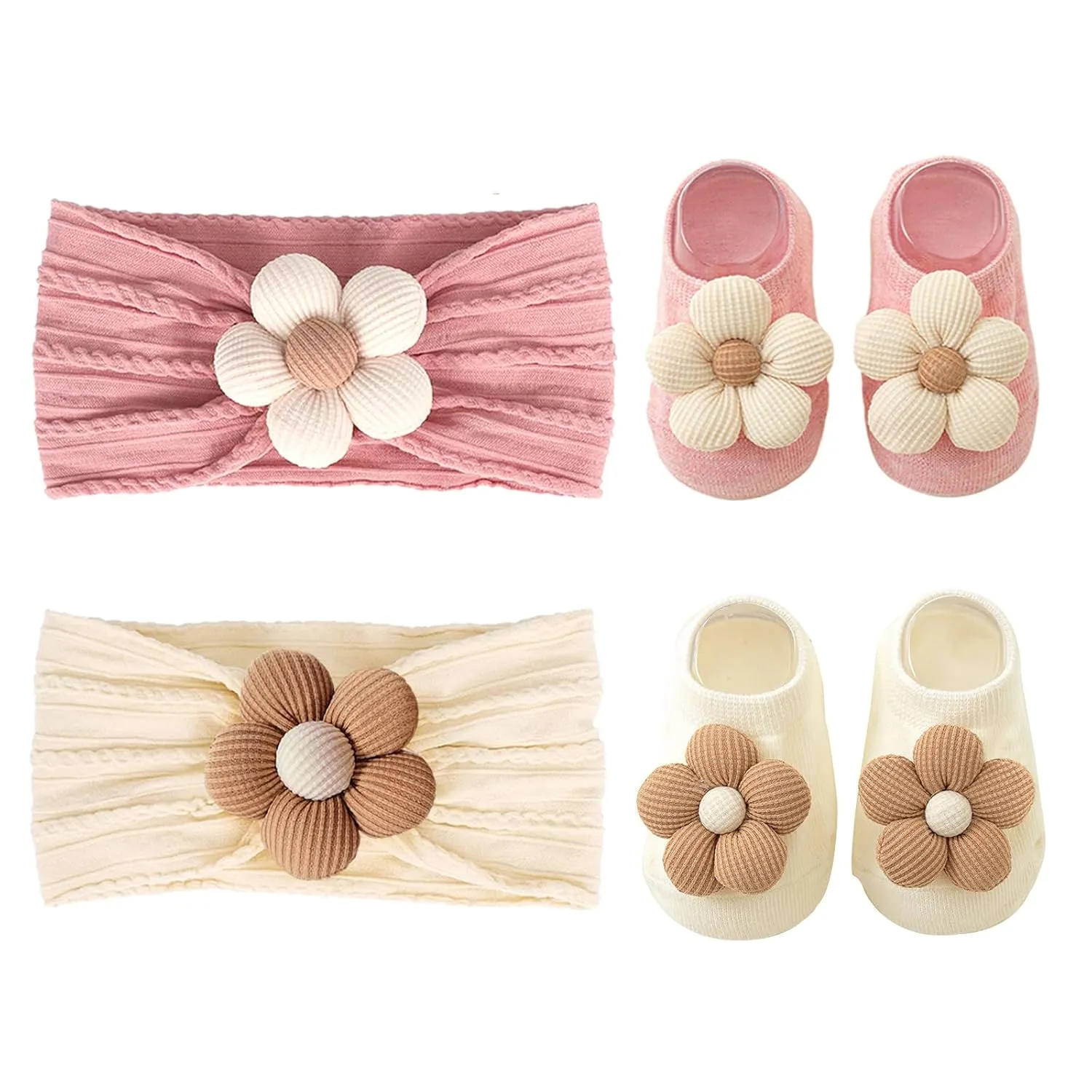 Baby Girl Headbands and Socks,Non-Slip Grips Socks Flower Soft Hairbands Hair Accessories for Infant Toddler Kids (US, Age, 6 Months, 12 Months, pink beige)
