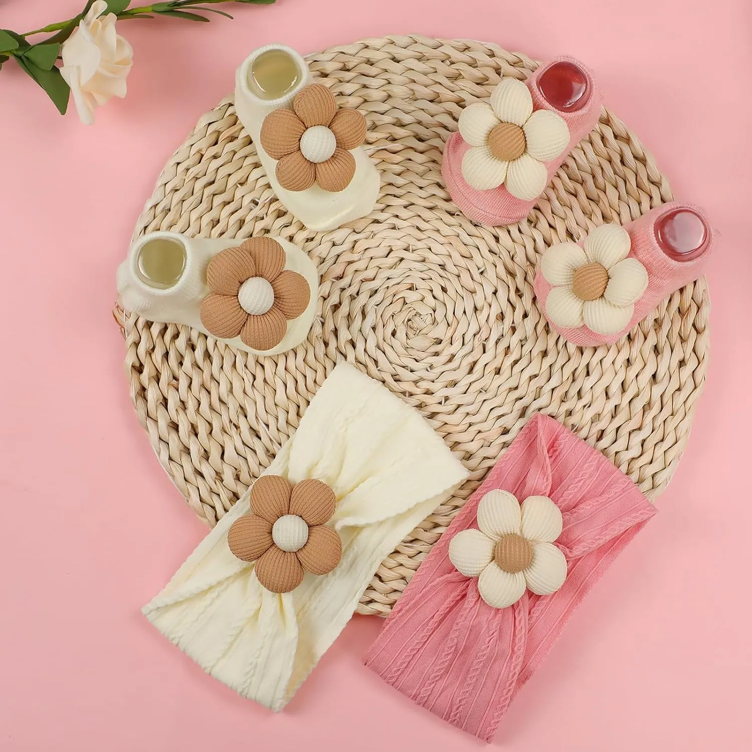 Baby Girl Headbands and Socks,Non-Slip Grips Socks Flower Soft Hairbands Hair Accessories for Infant Toddler Kids (US, Age, 6 Months, 12 Months, pink beige)
