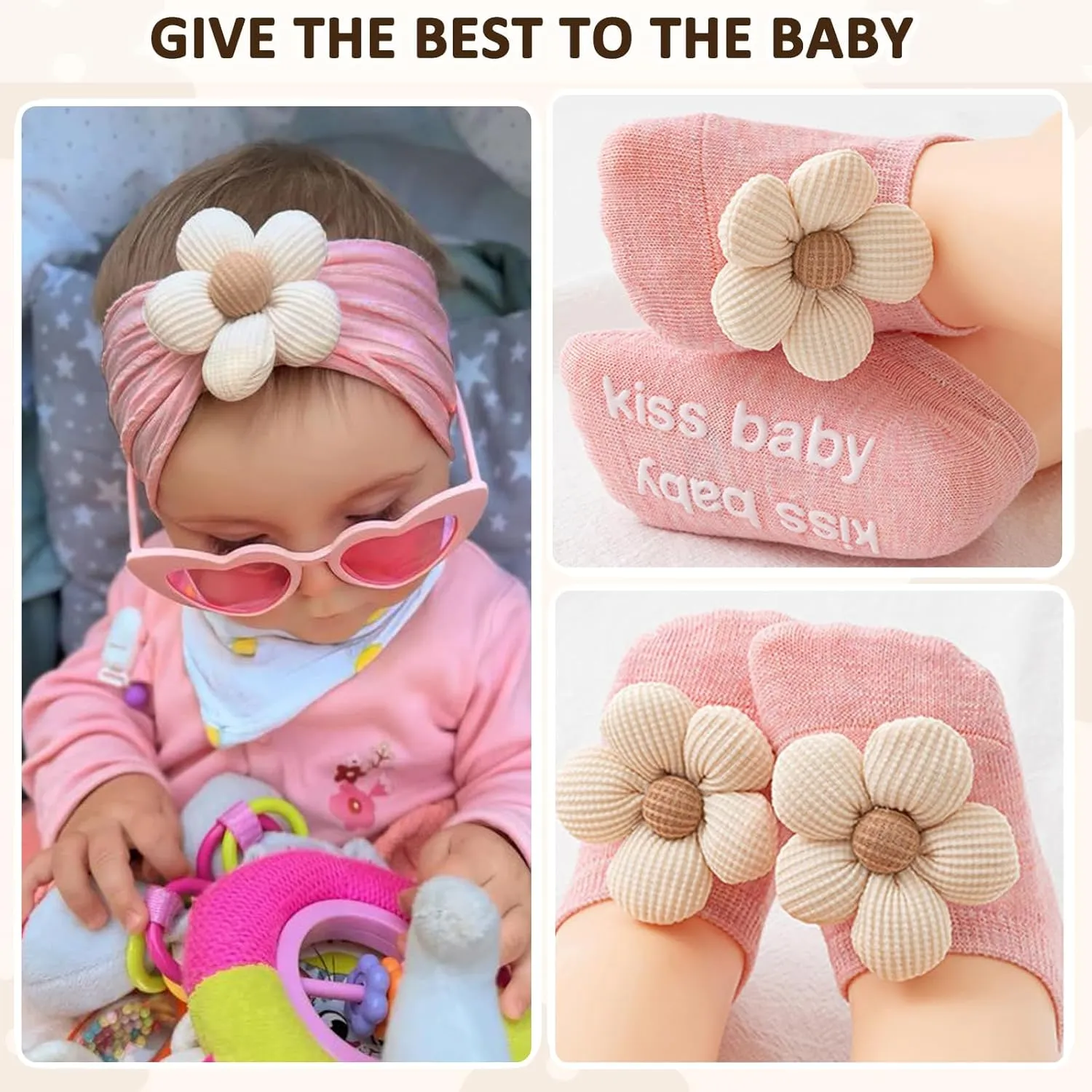Baby Girl Headbands and Socks,Non-Slip Grips Socks Flower Soft Hairbands Hair Accessories for Infant Toddler Kids (US, Age, 6 Months, 12 Months, pink beige)