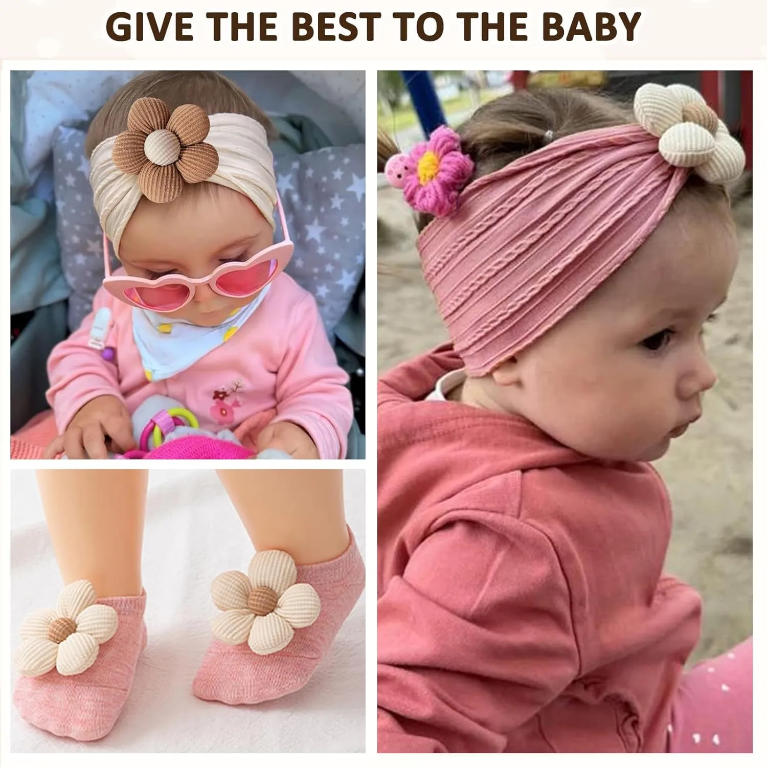 Baby Girl Headbands and Socks,Non-Slip Grips Socks Flower Soft Hairbands Hair Accessories for Infant Toddler Kids (US, Age, 6 Months, 12 Months, pink beige)