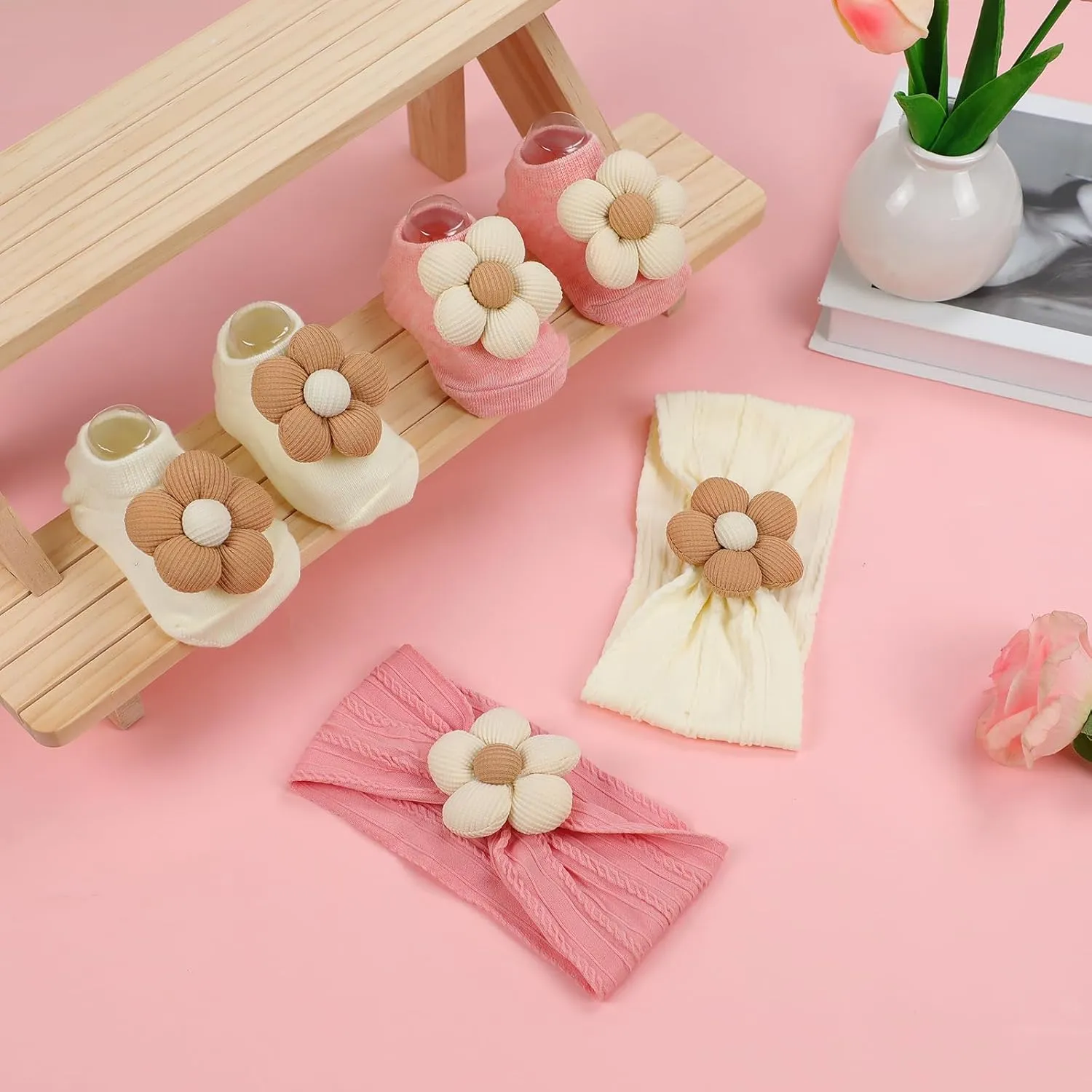 Baby Girl Headbands and Socks,Non-Slip Grips Socks Flower Soft Hairbands Hair Accessories for Infant Toddler Kids (US, Age, 6 Months, 12 Months, pink beige)