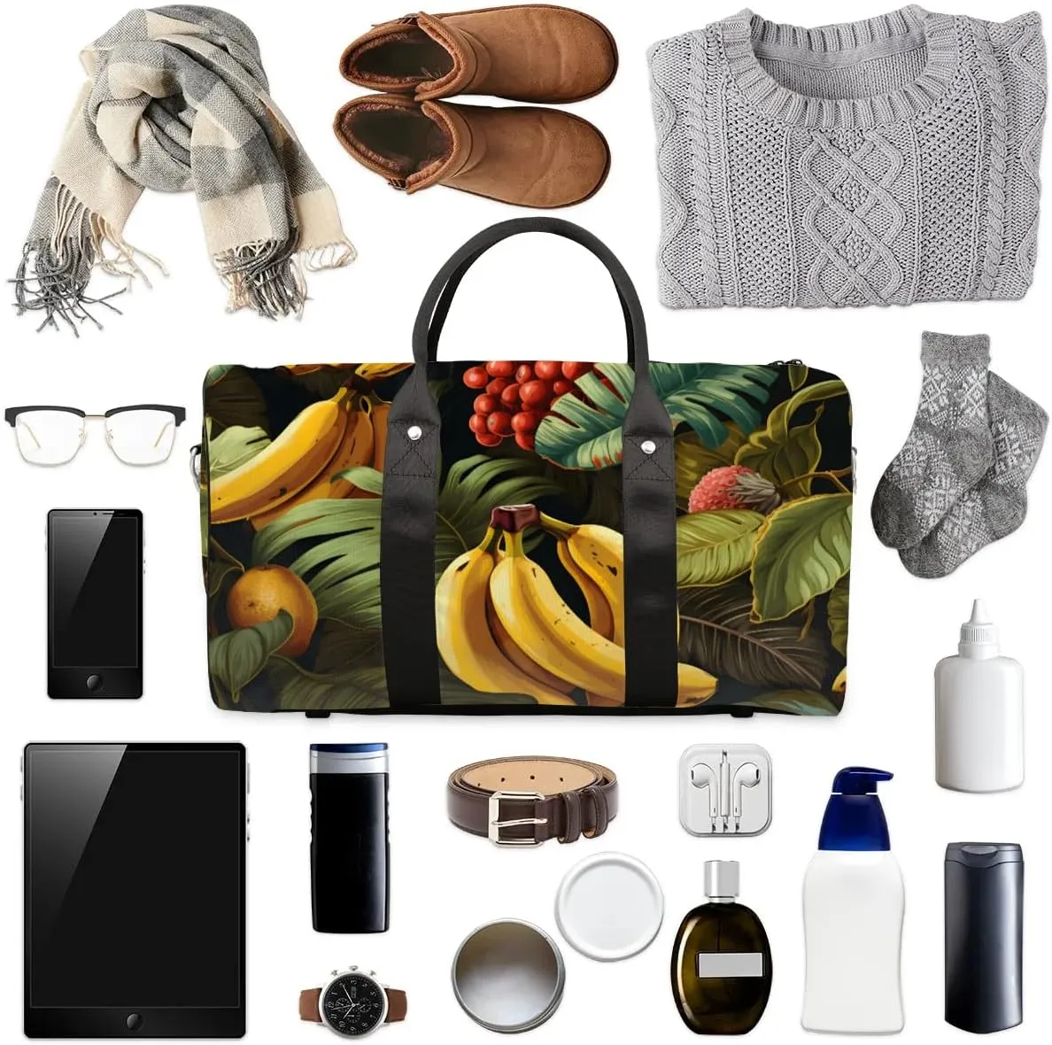 Bananas Palm Leaves Foldable Lightweight Duffle Bag for Travel - Waterproof Carry On Bags for Airplanes, Travel Duffel Bags for Gym, Weekend