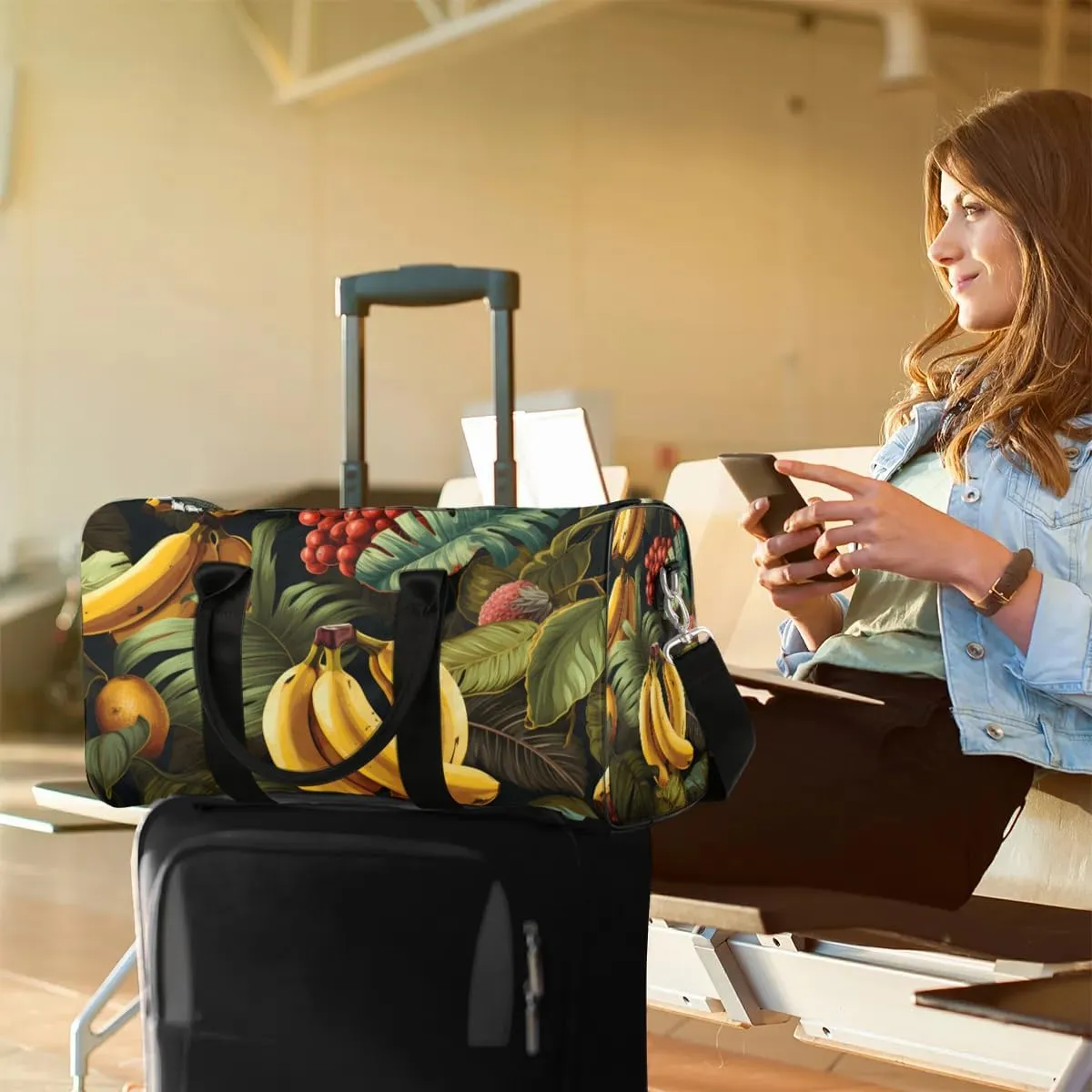 Bananas Palm Leaves Foldable Lightweight Duffle Bag for Travel - Waterproof Carry On Bags for Airplanes, Travel Duffel Bags for Gym, Weekend