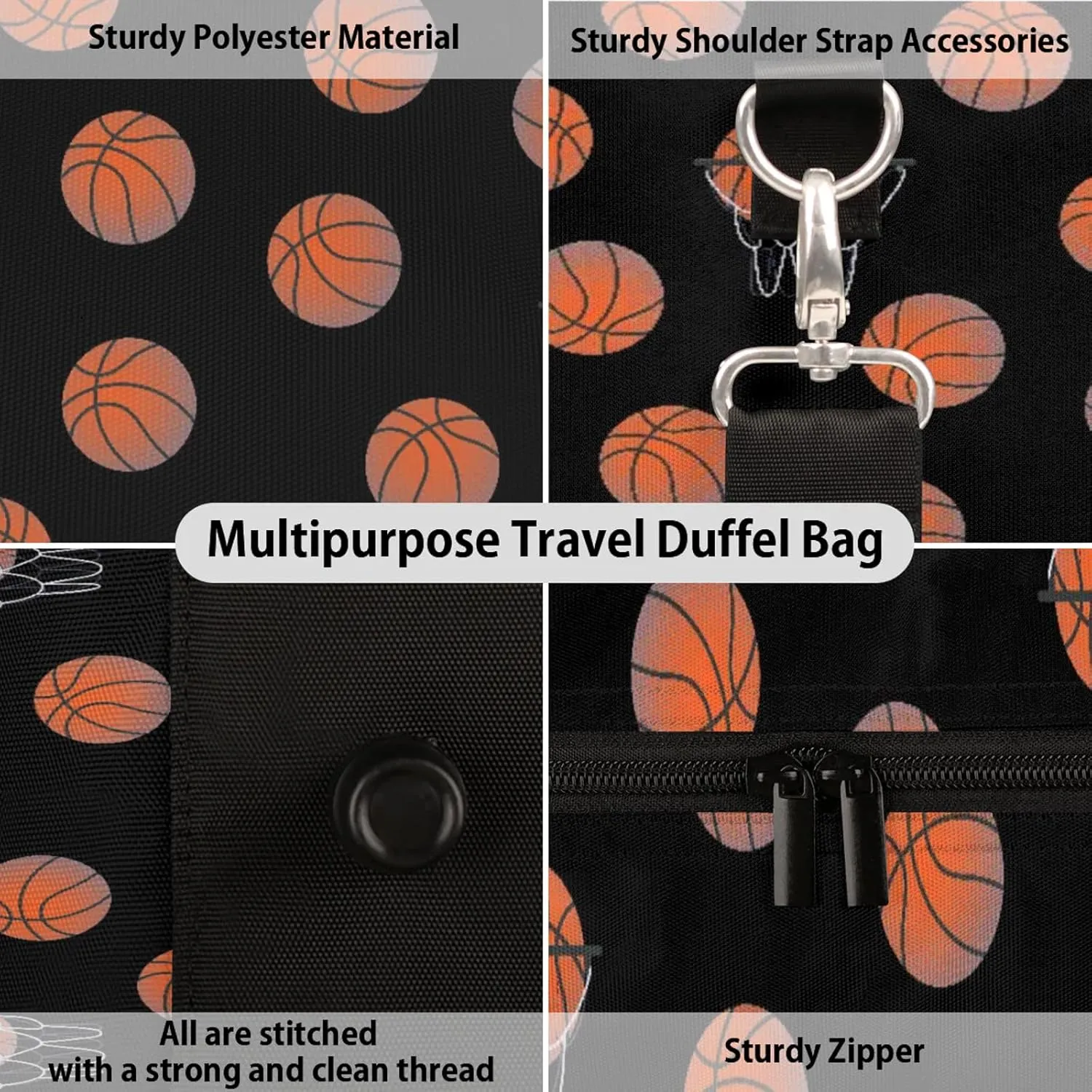Basketball Travel Duffle Bag, Weekender Bags for Women Men Black Carry on Overnight Bag Waterproof Gym Bags, Hospital Bag for Labor and Delivery