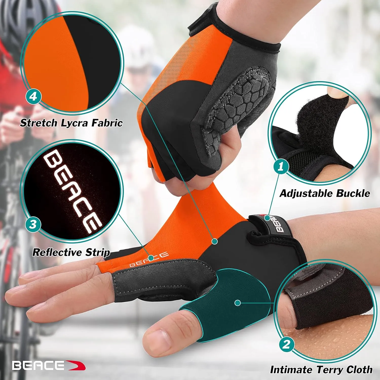 BEACE Gloves for Cycling Bike Biking Half Finger Road Bicycle for Men and Women-5MM Breathable Anti-Slip Shock-Absorbing Pad Gym Motorcycle Light Weight Mountain Bike Gloves
