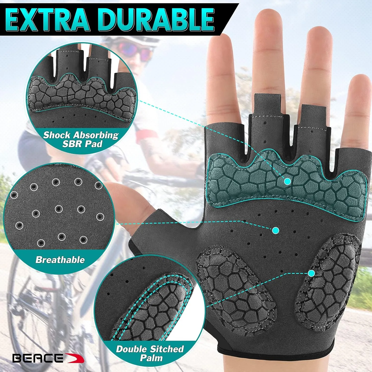 BEACE Gloves for Cycling Bike Biking Half Finger Road Bicycle for Men and Women-5MM Breathable Anti-Slip Shock-Absorbing Pad Gym Motorcycle Light Weight Mountain Bike Gloves