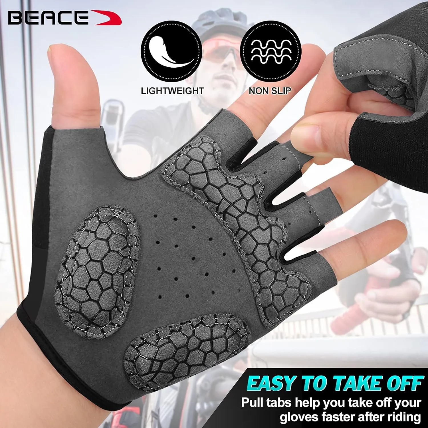 BEACE Gloves for Cycling Bike Biking Half Finger Road Bicycle for Men and Women-5MM Breathable Anti-Slip Shock-Absorbing Pad Gym Motorcycle Light Weight Mountain Bike Gloves