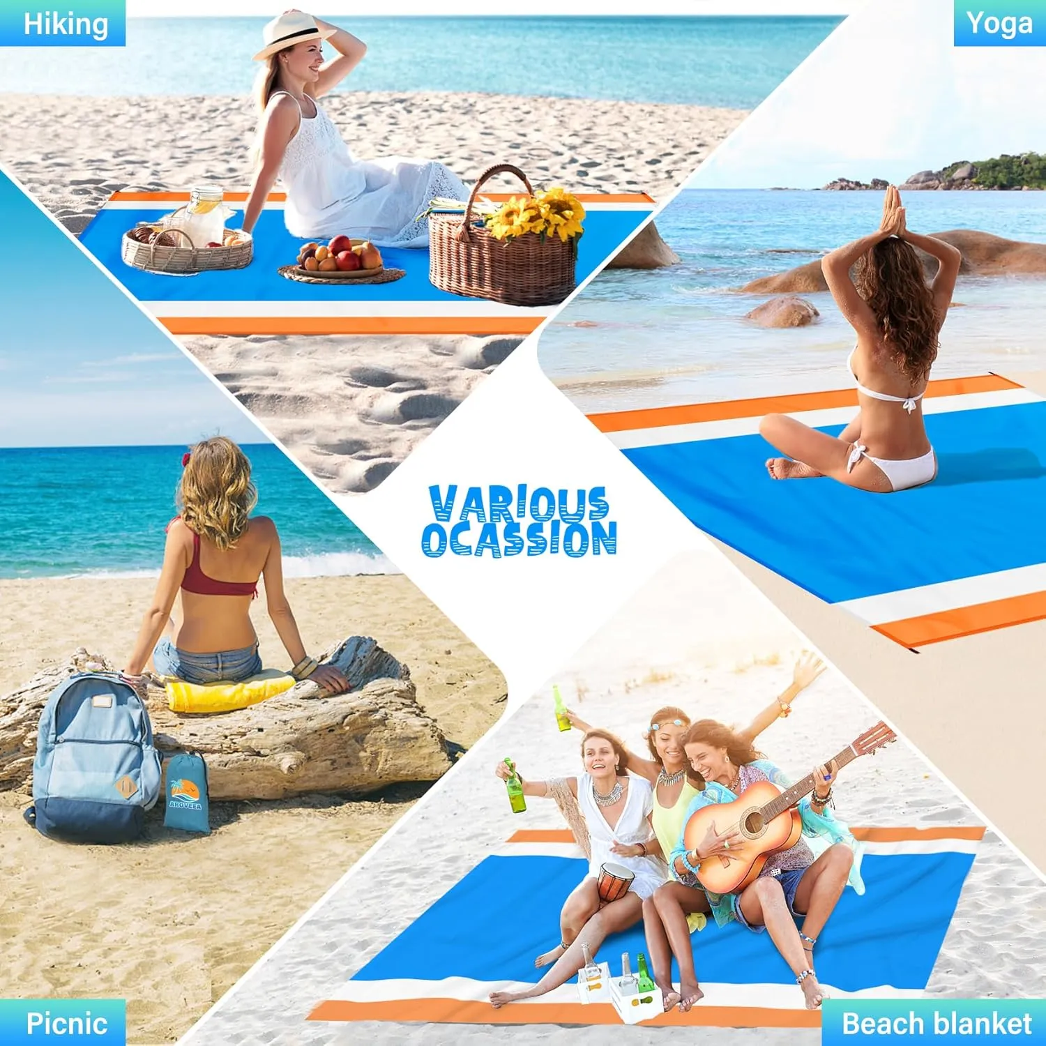 Beach Blanket Waterproof Sandproof 1-7 Adult Oversized 78 ''  81 '' Lightweight Durable Compact Sand Free Beach Mat for Travel Camping Hiking Picnic Blanket