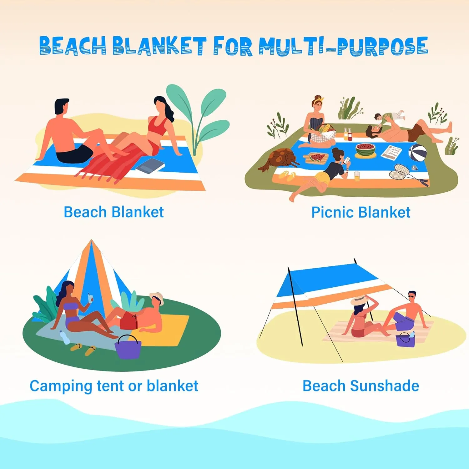 Beach Blanket Waterproof Sandproof 1-7 Adult Oversized 78 ''  81 '' Lightweight Durable Compact Sand Free Beach Mat for Travel Camping Hiking Picnic Blanket