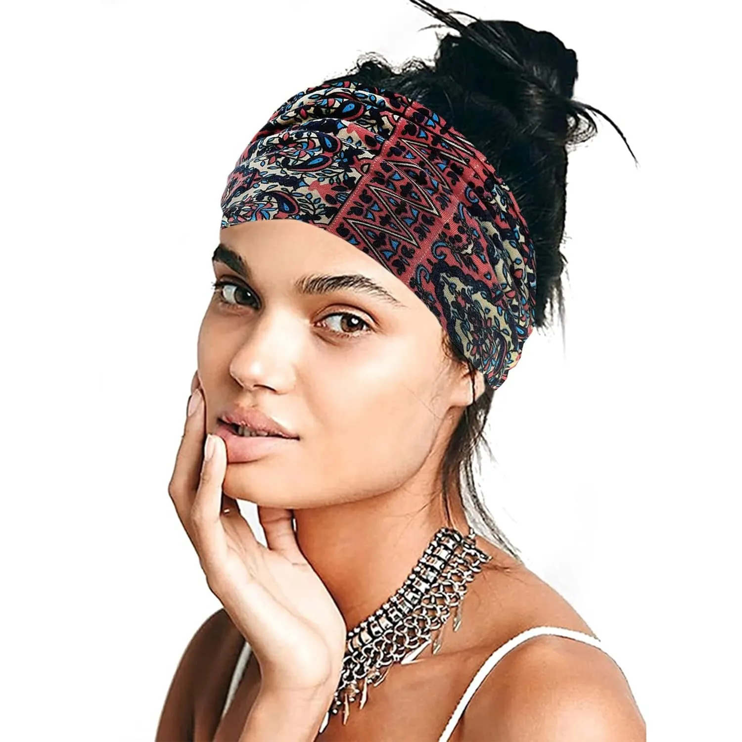 Boho Headbands For Women Wide Head Bands Non Slip Turban Knotted Headwraps African Fashion Sweatbands Workout Bandana Headband Stretchy Scarf Hairband for Women's Hair 6 Pack