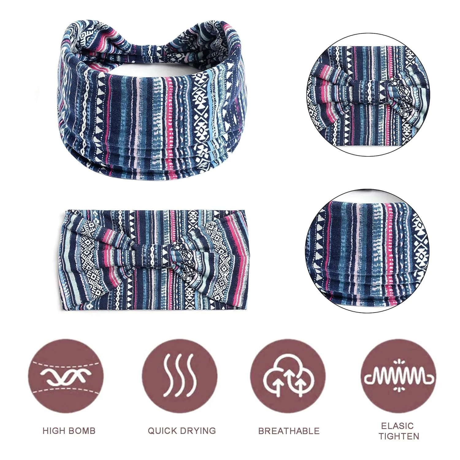 Boho Headbands For Women Wide Head Bands Non Slip Turban Knotted Headwraps African Fashion Sweatbands Workout Bandana Headband Stretchy Scarf Hairband for Women's Hair 6 Pack