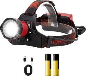BORUIT B13 LED Rechargeable Headlamp,Super Bright 90Adjustable 4 Modes Head Lamp,IPX4 Waterproof Battery Headlamps for Adults and Kids Outdoor Camping Running Hiking Fishing Hunting