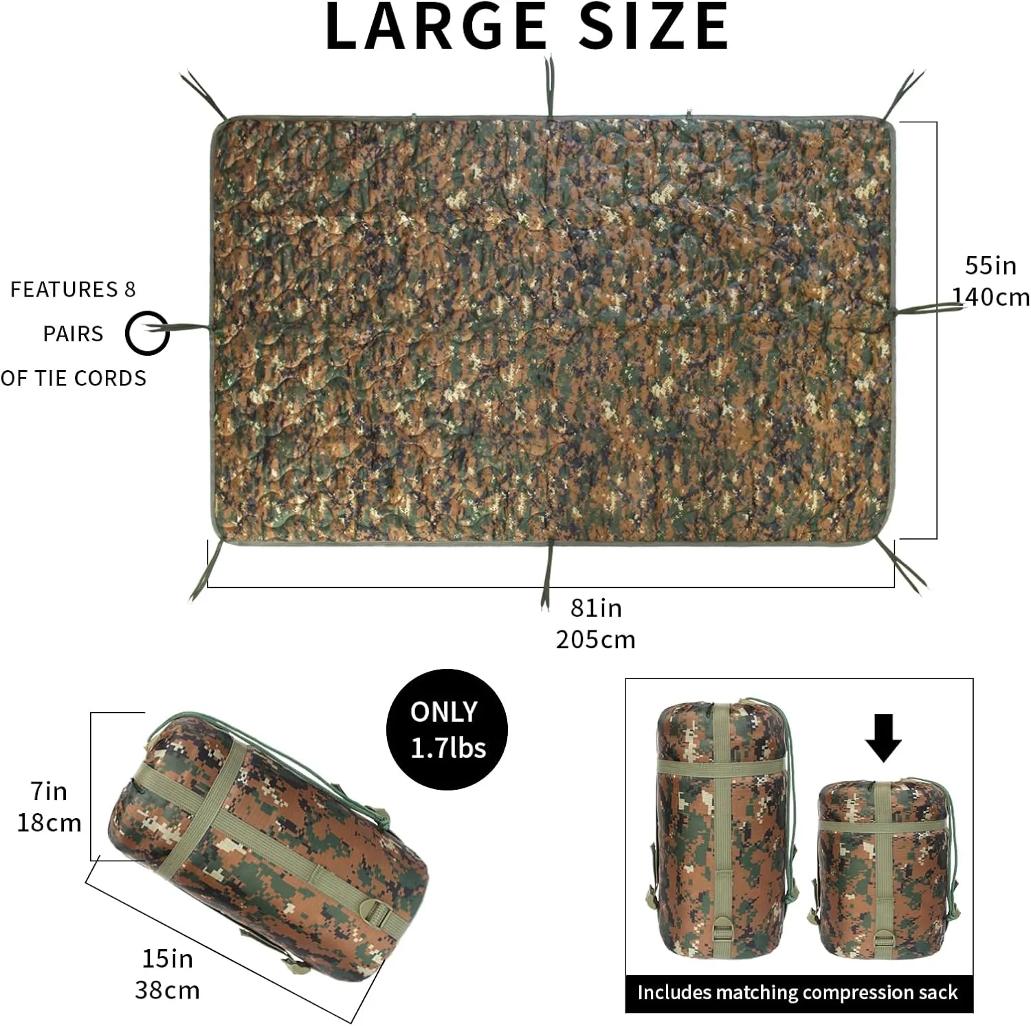 Camo Poncho Liner, Army Blanket, Military Sleeping Bag, with A Compression Carrying Bag, for Traveling, Hiking, Camping, Outdoor Survival, Car Blanket