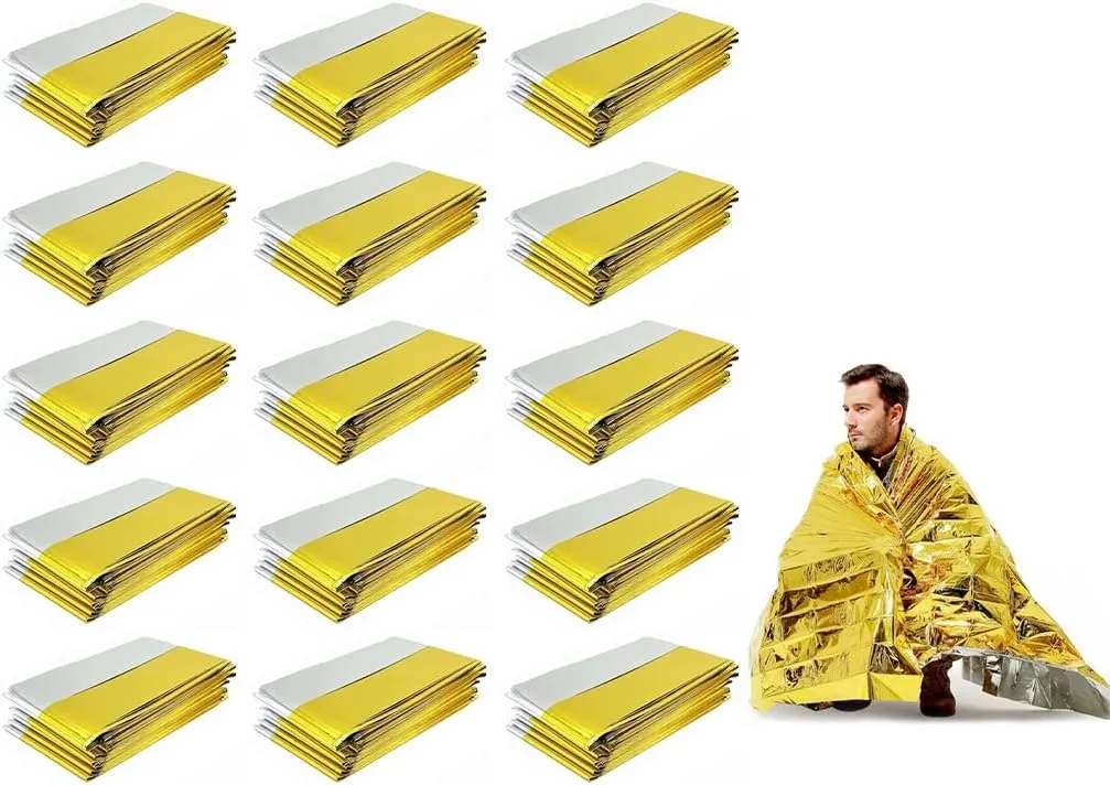 Camping Emergency Blankets,15 PCS Emergency Blankets for Survival Blanket,Emergency Rescue Heat Preservation Blanket for Outdoors,Camping,Marathons,Hiking,Survival or First Aid(Gold,Silver)