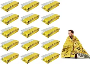 Camping Emergency Blankets,15 PCS Emergency Blankets for Survival Blanket,Emergency Rescue Heat Preservation Blanket for Outdoors,Camping,Marathons,Hiking,Survival or First Aid(Gold,Silver)