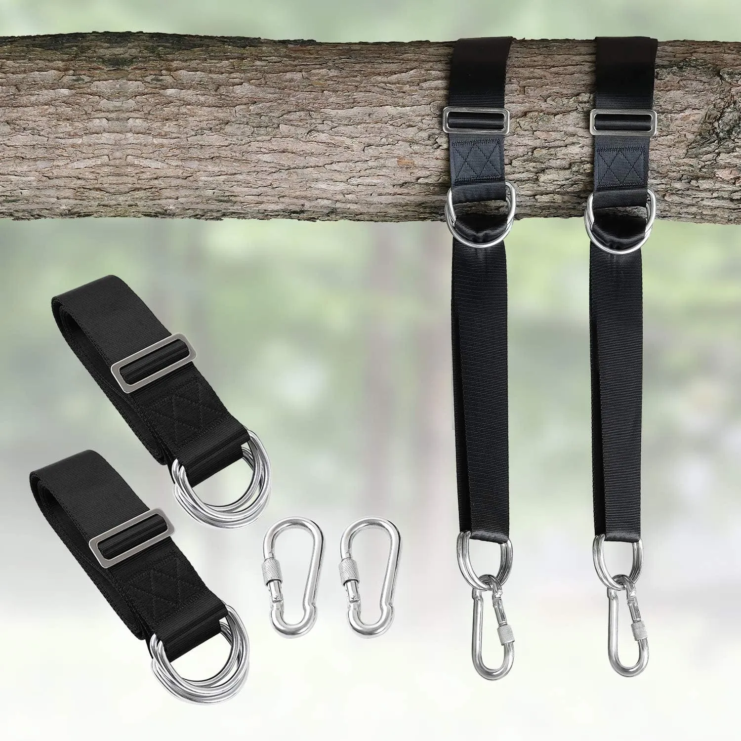 Camping Hammock (6FT) x 2 Tree Swing Straps Hanging kit 4 D-Ring,Extra Long Strap with 2 Heavy Duty Safety Lock Carabiner Hooks for Kids-2 Pack(Black)