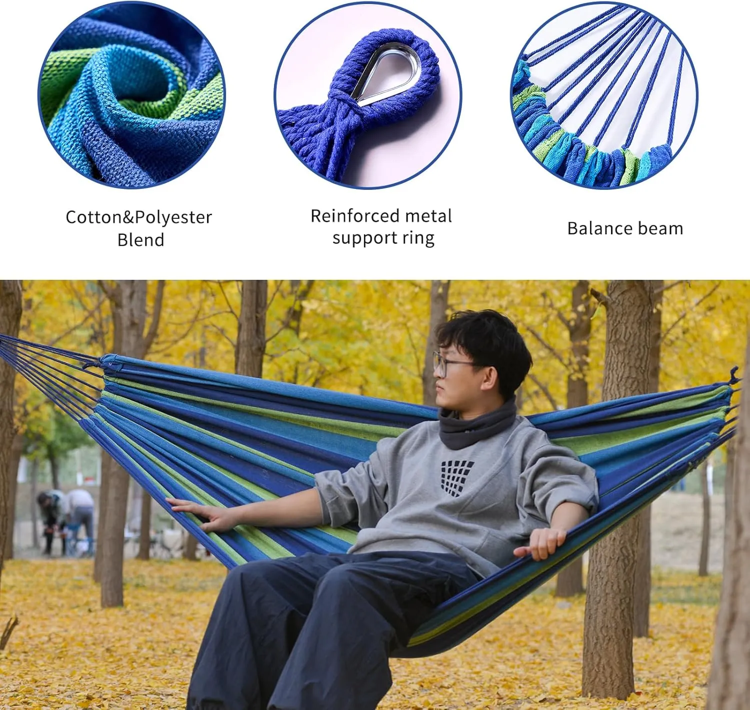 Camping Hammock Comfortable Fabric Hammocks with Tree Straps for Travel Patio Garden, Hanging Sturdy Indoor/Outdoor Hammock Up to 660lbs Portable Hammocks with Travel Bag (Blue)