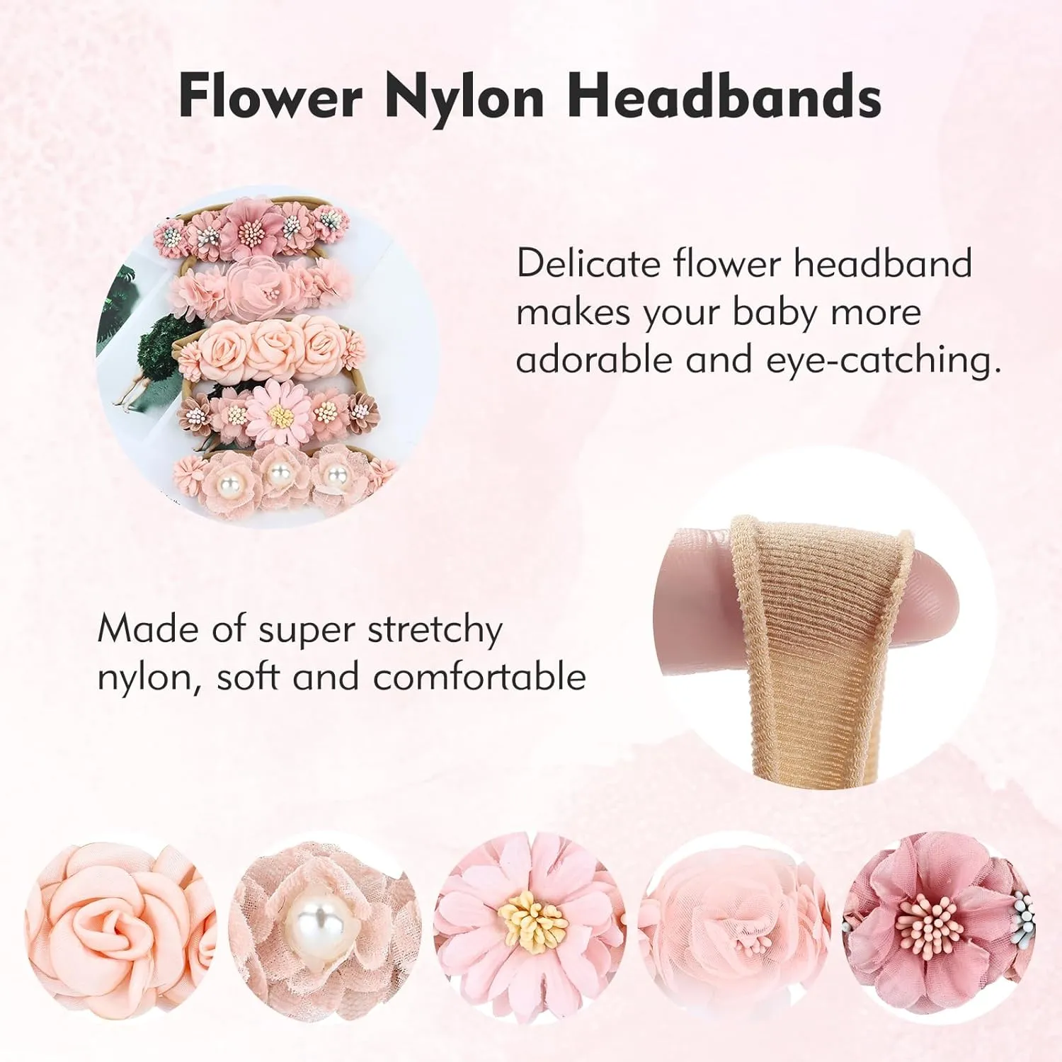 Cinaci 5 Pack Delicate Floral Flower Nylon Headbands Hair Bands Accessories for Baby Girls Newborns Infants Toddlers Kids (5 Pack S10)