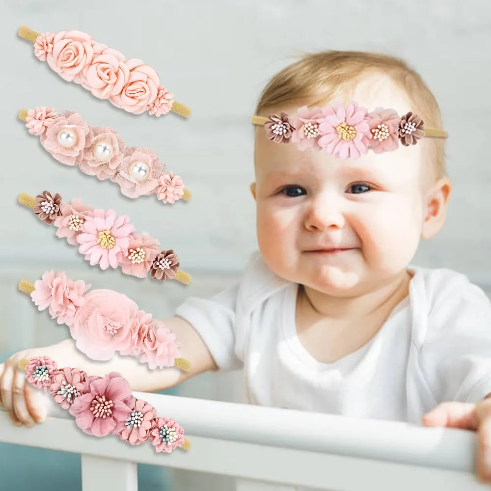 Cinaci 5 Pack Delicate Floral Flower Nylon Headbands Hair Bands Accessories for Baby Girls Newborns Infants Toddlers Kids (5 Pack S10)
