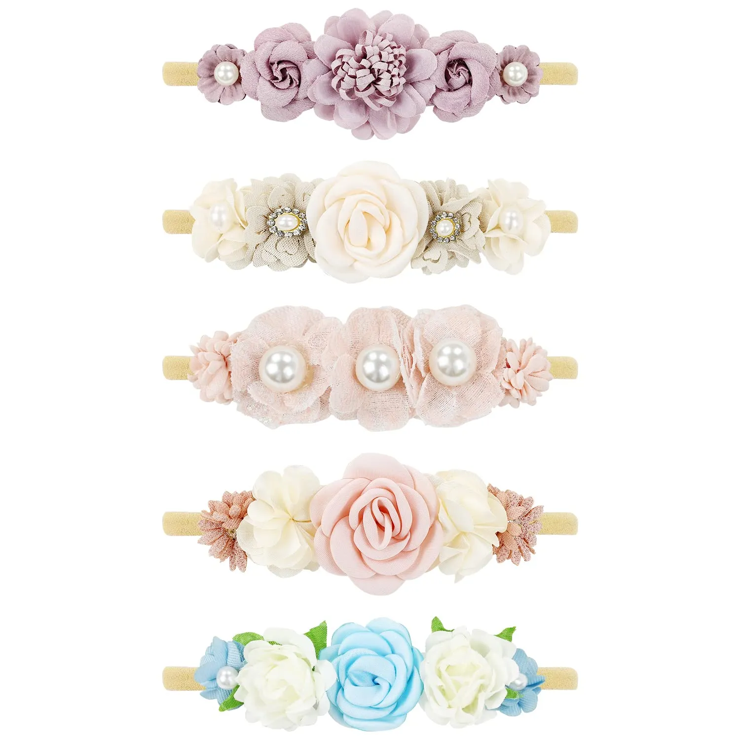 Cinaci 5 Pack Delicate Floral Flower Nylon Headbands Hair Bands Accessories for Baby Girls Newborns Infants Toddlers Kids (5 Pack S4)