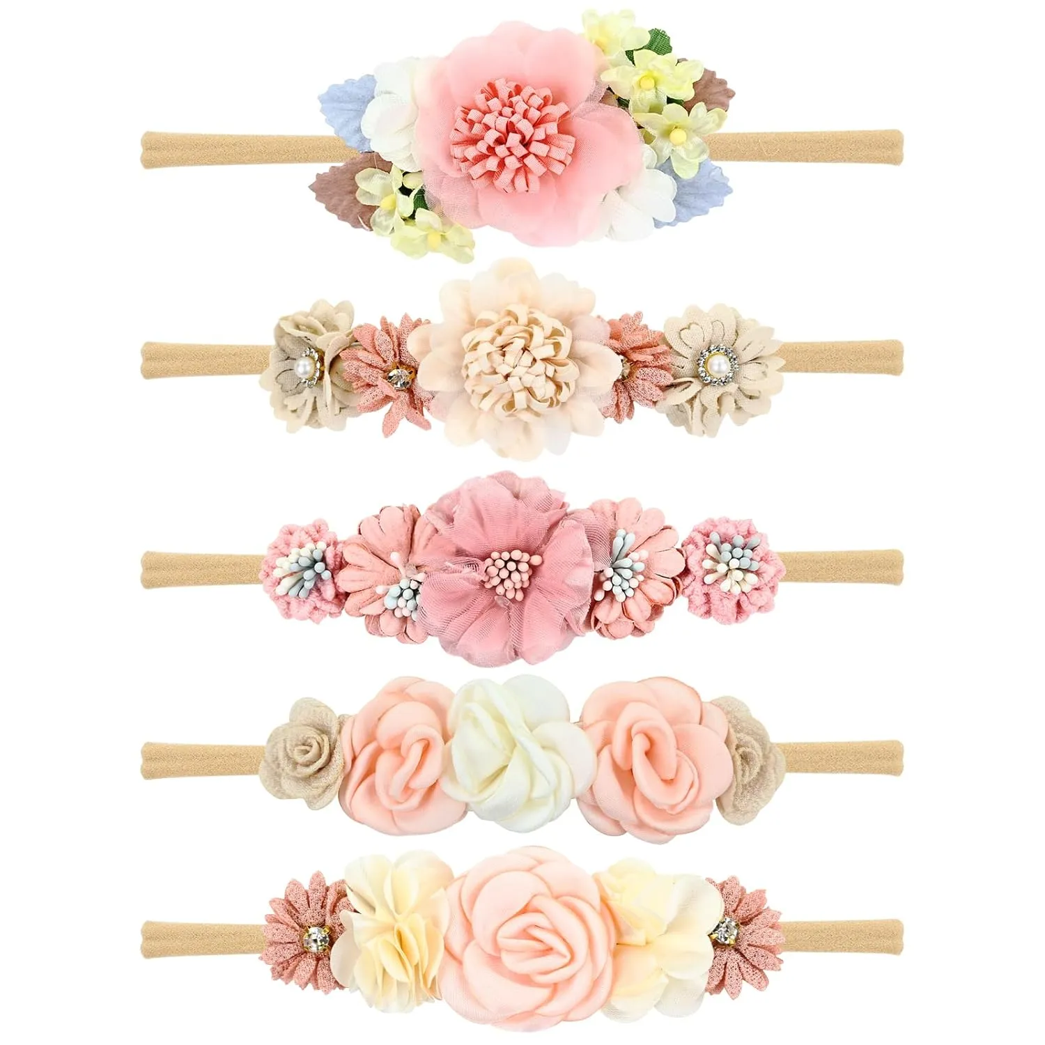 Cinaci 5 Pieces Super Stretchy Soft Baby Flower Nylon Headbands Floral Crowns Tiaras Hairbands Hair Accessories for Baby Girls Newborns Infants Toddlers Girls Kids