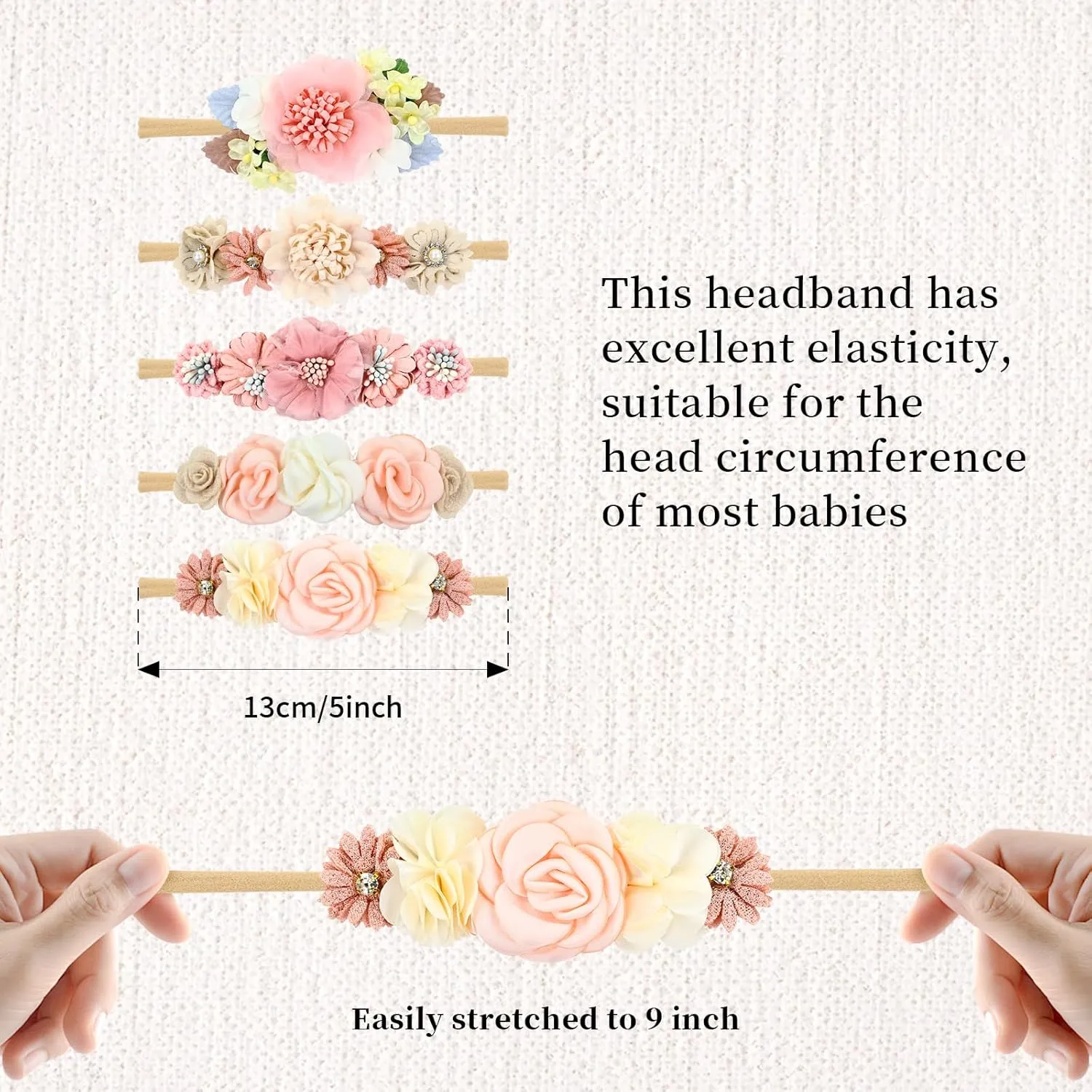 Cinaci 5 Pieces Super Stretchy Soft Baby Flower Nylon Headbands Floral Crowns Tiaras Hairbands Hair Accessories for Baby Girls Newborns Infants Toddlers Girls Kids