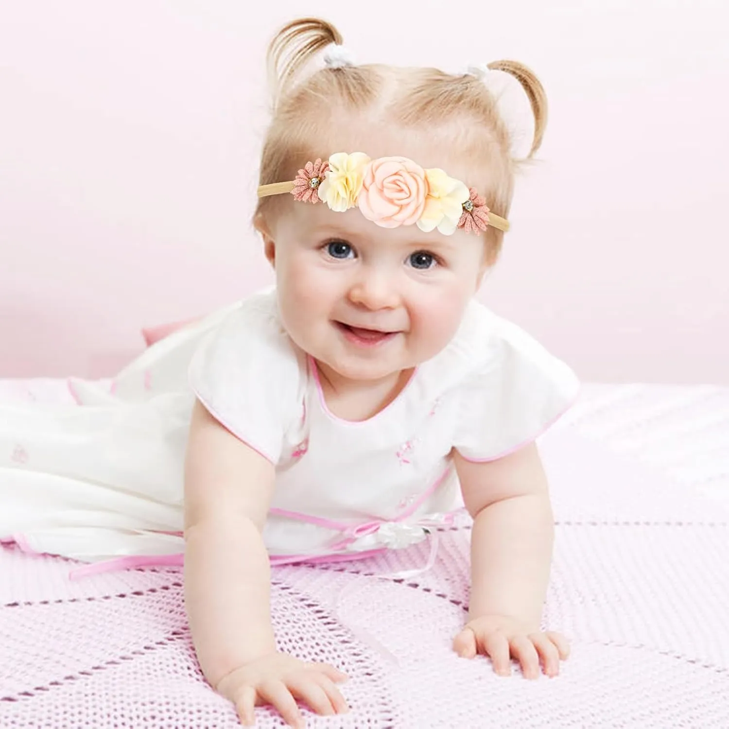 Cinaci 5 Pieces Super Stretchy Soft Baby Flower Nylon Headbands Floral Crowns Tiaras Hairbands Hair Accessories for Baby Girls Newborns Infants Toddlers Girls Kids