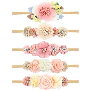 Cinaci 5 Pieces Super Stretchy Soft Baby Flower Nylon Headbands Floral Crowns Tiaras Hairbands Hair Accessories for Baby Girls Newborns Infants Toddlers Girls Kids