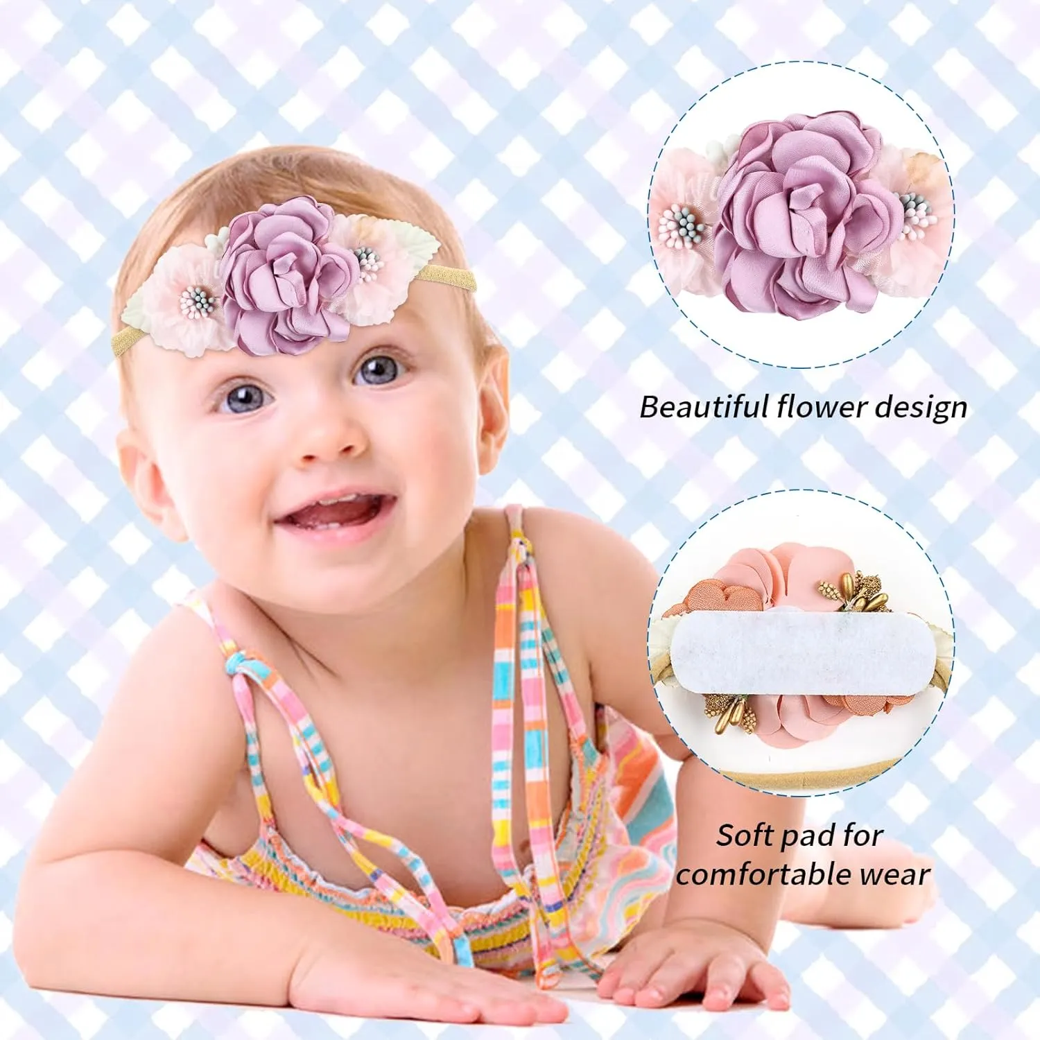 Cinaci 5 Pieces Super Stretchy Soft Nylon Flower Headbands Pearl Floral Tiaras Crowns Hairbands Hair Accessories for Baby Girls Newborns Infants Toddlers Kids