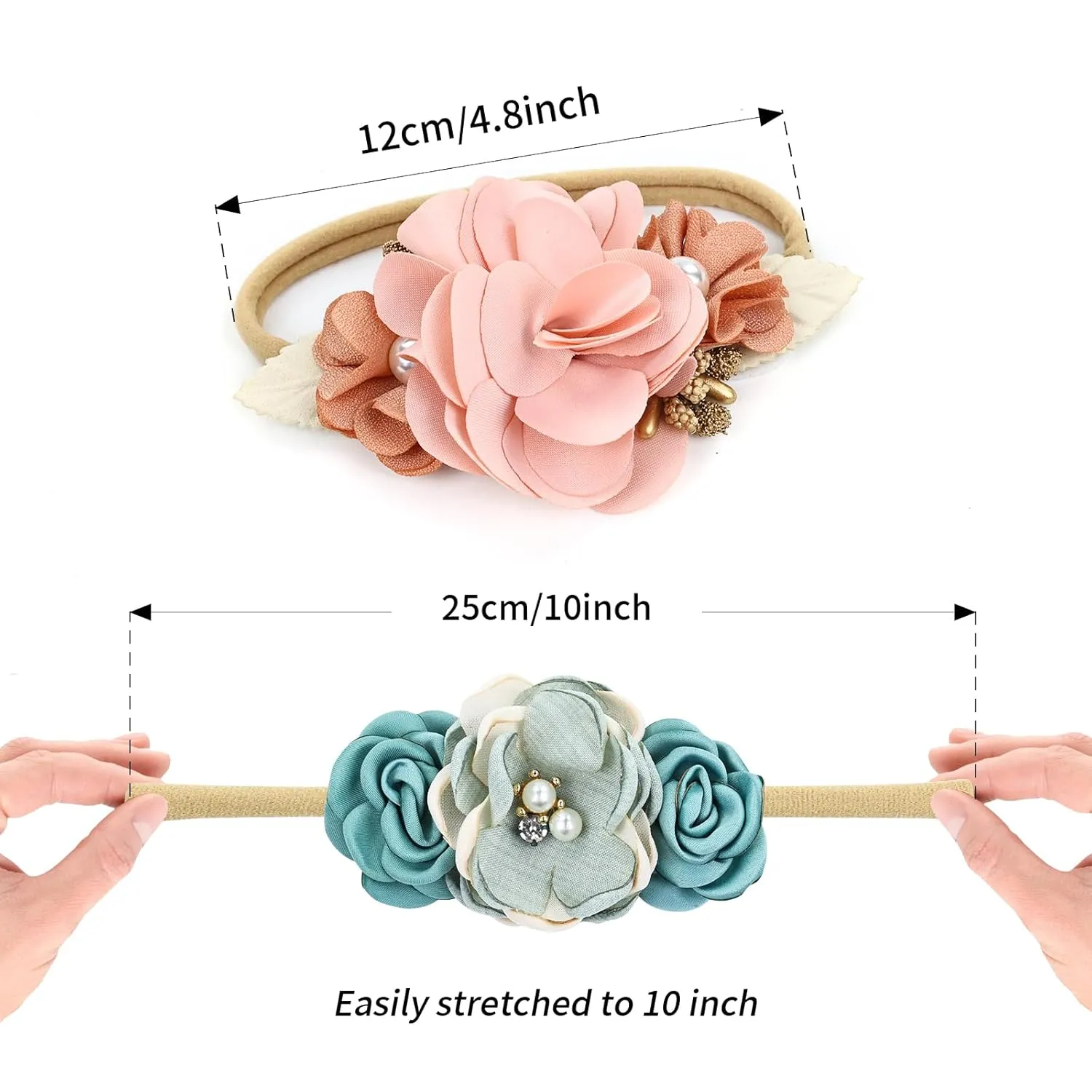 Cinaci 5 Pieces Super Stretchy Soft Nylon Flower Headbands Pearl Floral Tiaras Crowns Hairbands Hair Accessories for Baby Girls Newborns Infants Toddlers Kids