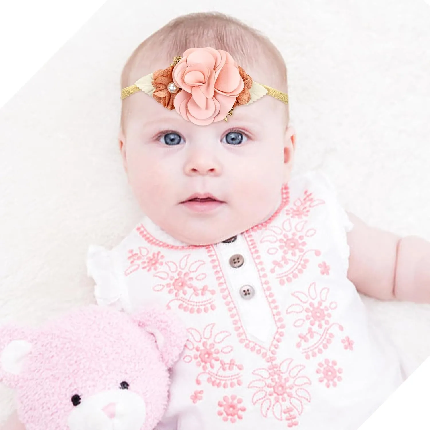 Cinaci 5 Pieces Super Stretchy Soft Nylon Flower Headbands Pearl Floral Tiaras Crowns Hairbands Hair Accessories for Baby Girls Newborns Infants Toddlers Kids