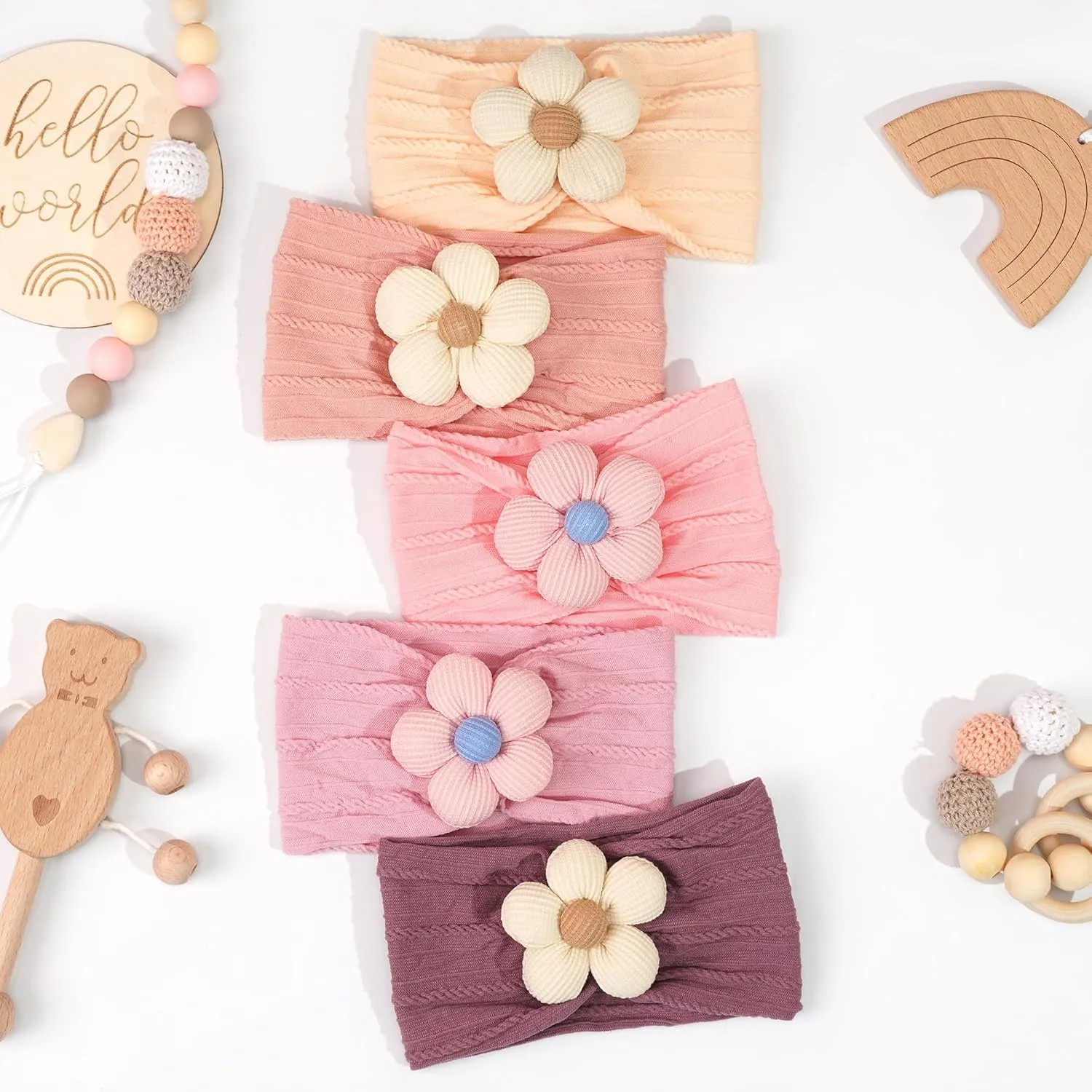 CLLOT 5 Pcs Baby Flower Headbands Baby Girls Nylon Headbands Soft Hairbands Hair Accessories for Newborn Infant Toddler KidsPink