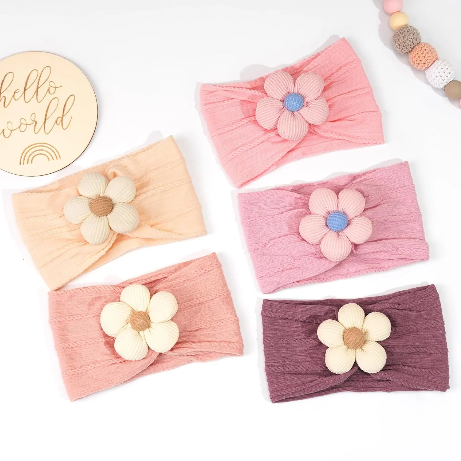 CLLOT 5 Pcs Baby Flower Headbands Baby Girls Nylon Headbands Soft Hairbands Hair Accessories for Newborn Infant Toddler KidsPink