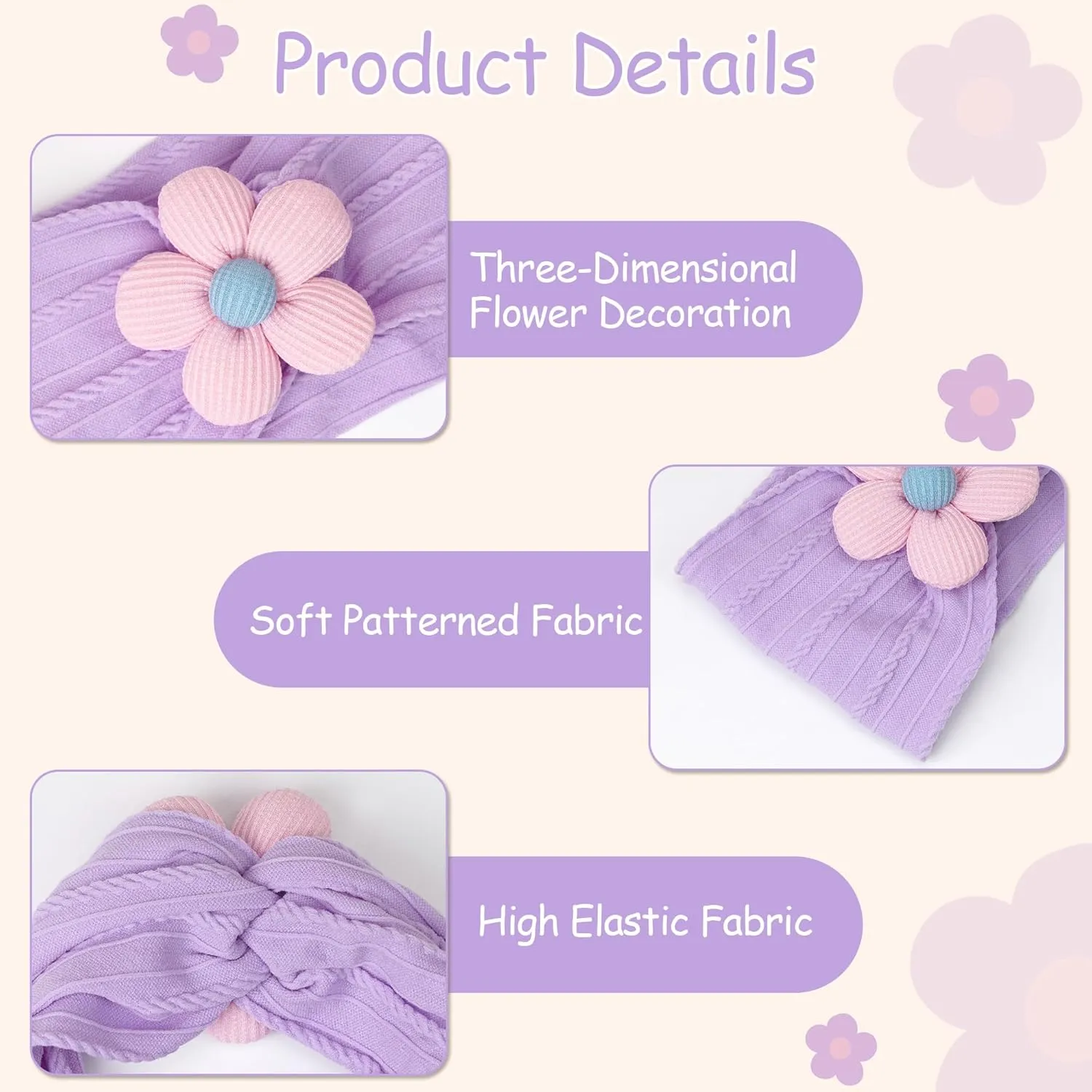 CLLOT Baby Flower Headbands Baby Girls Nylon Headbands Soft Elastic Hairbands Hair Accessories for Newborn Infant Toddler Kids (Violet,Cameo,Pink)
