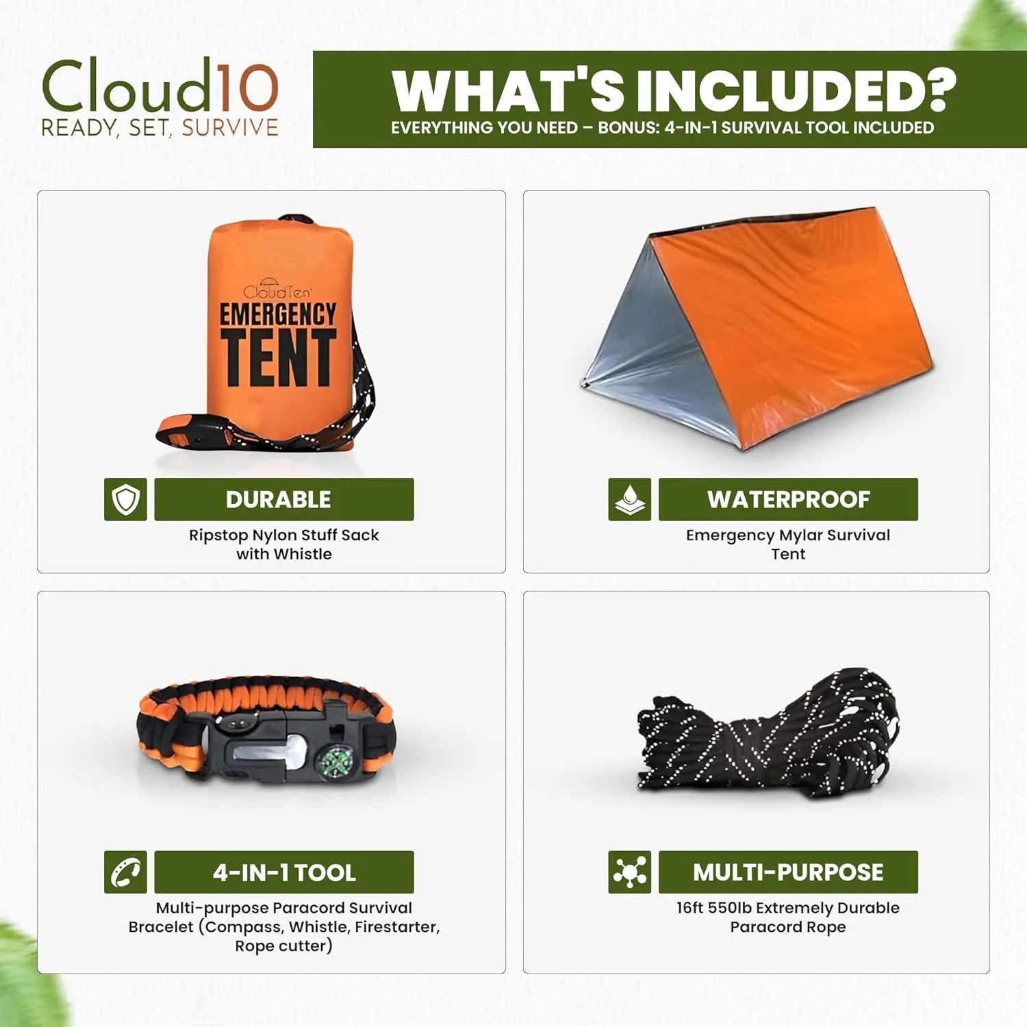 CloudTen Emergency Tent: Lightweight 2 Person Survival Tent with Multi-Function Paracord Bracelets - Essential Survival Gear & Bug Out Bag Items for Preppers, Hikers, Survivalists, Campers, Boy Scouts