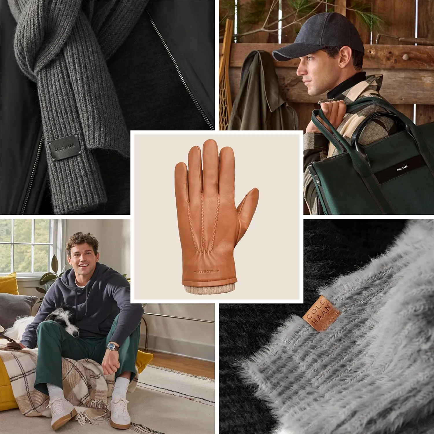 Cole Haan Premium Leather Gloves for Men, Touchscreen Compatible with Warm Knit Cuff and Classic Three-Point Stitch
