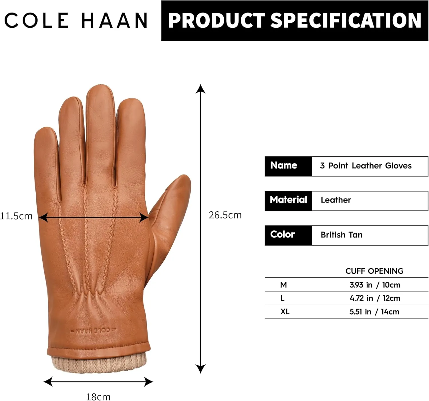 Cole Haan Premium Leather Gloves for Men, Touchscreen Compatible with Warm Knit Cuff and Classic Three-Point Stitch