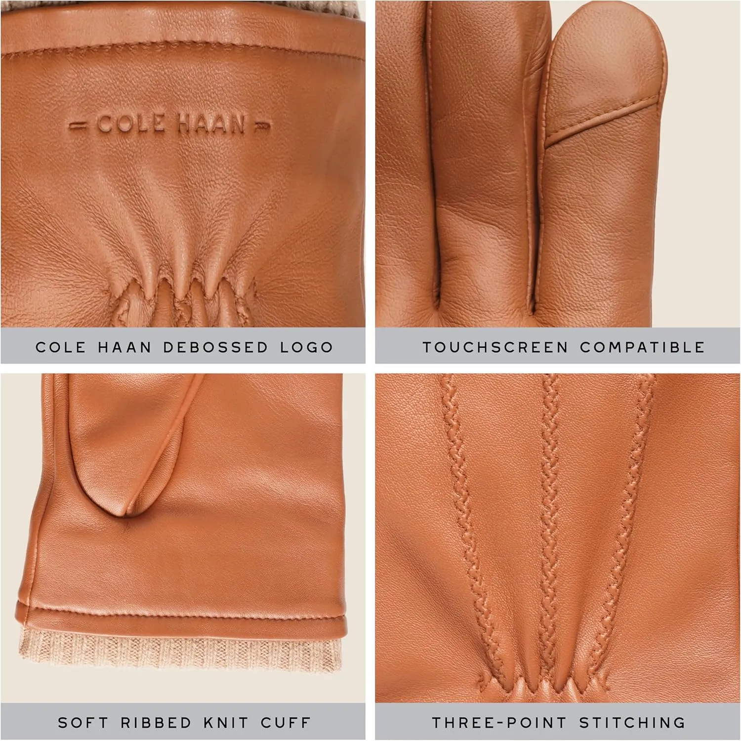 Cole Haan Premium Leather Gloves for Men, Touchscreen Compatible with Warm Knit Cuff and Classic Three-Point Stitch