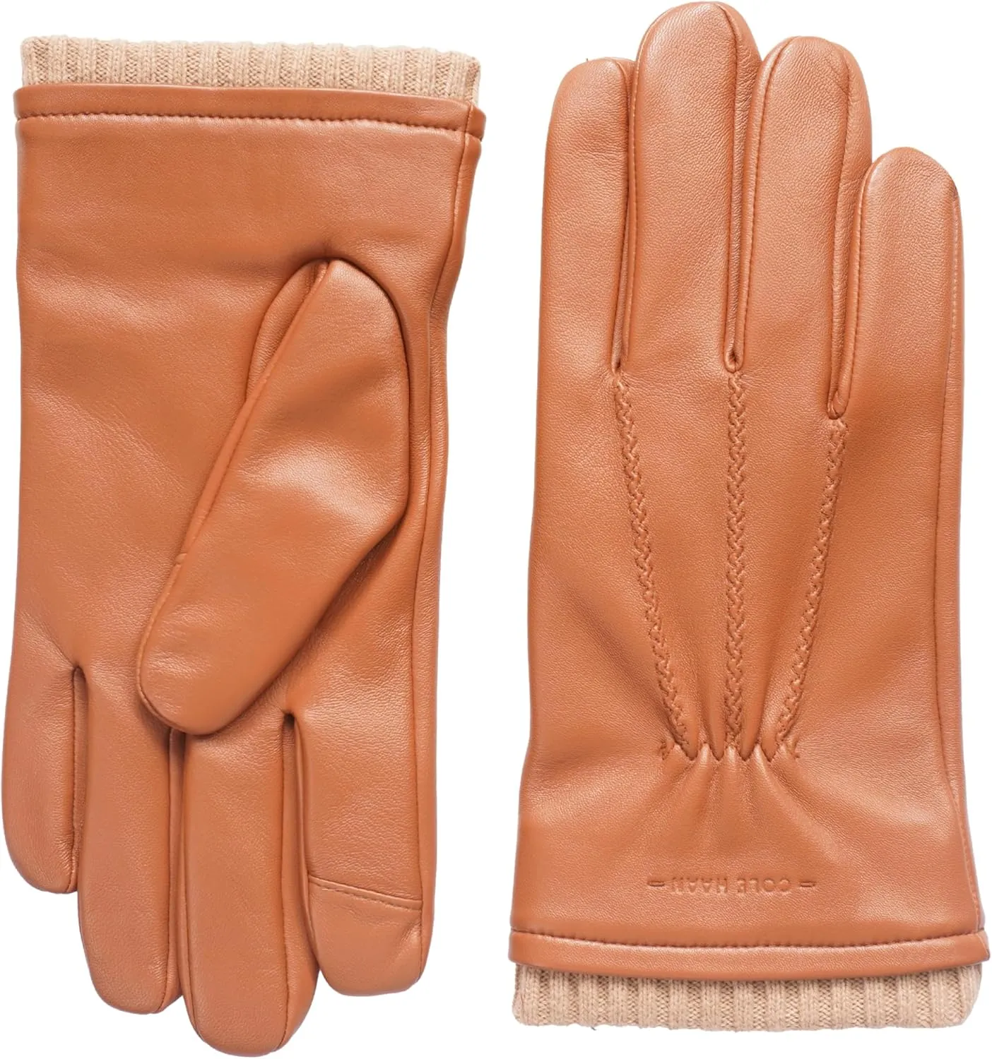 Cole Haan Premium Leather Gloves for Men, Touchscreen Compatible with Warm Knit Cuff and Classic Three-Point Stitch