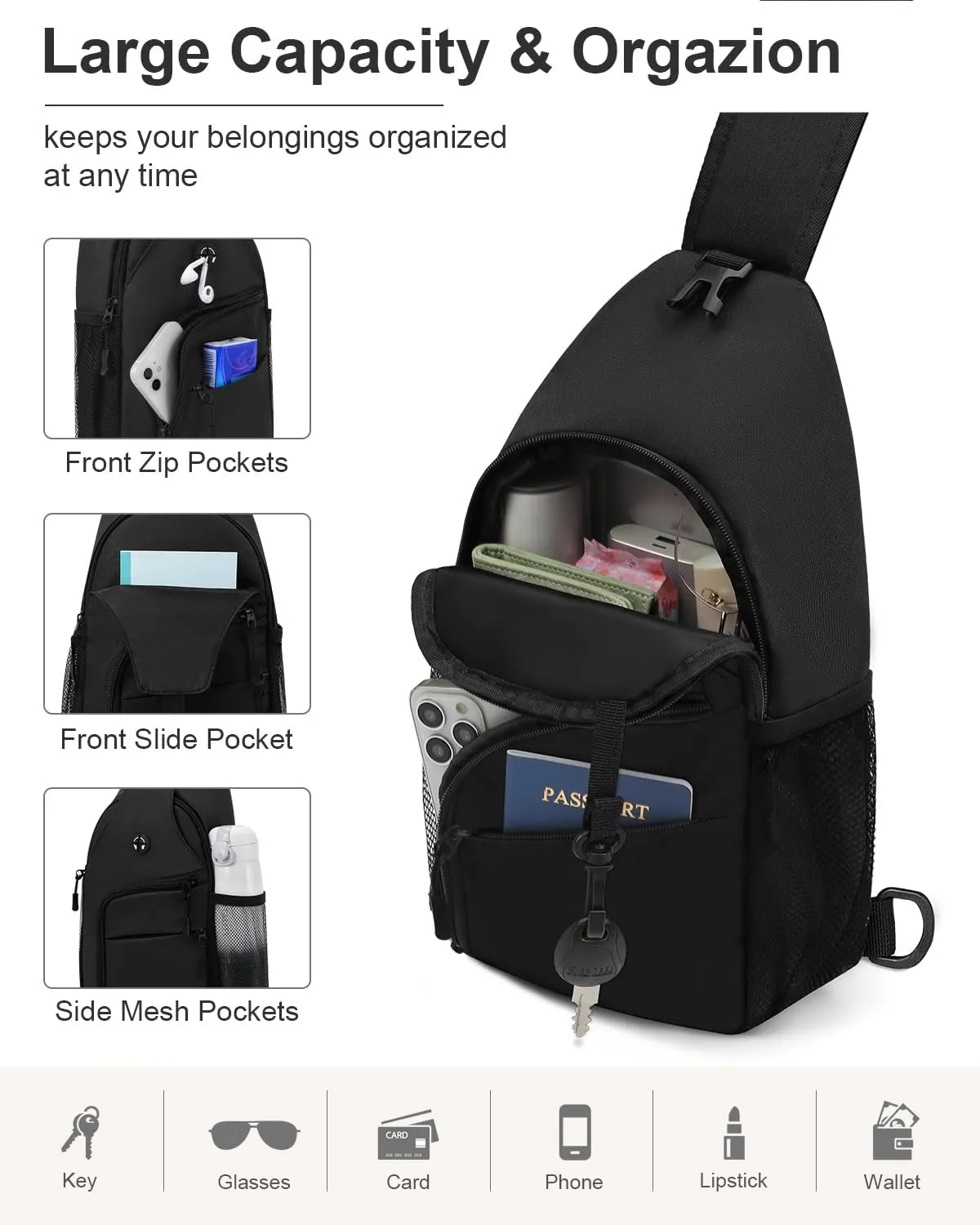 Crossbody Bags for Women Man Waterproof Sling Bag Backpack Trendy Casual Cross Body Bag with Convertible Shoulder Strap Chest Bag for Camping Hiking Travel Essentials (Black, Medium)