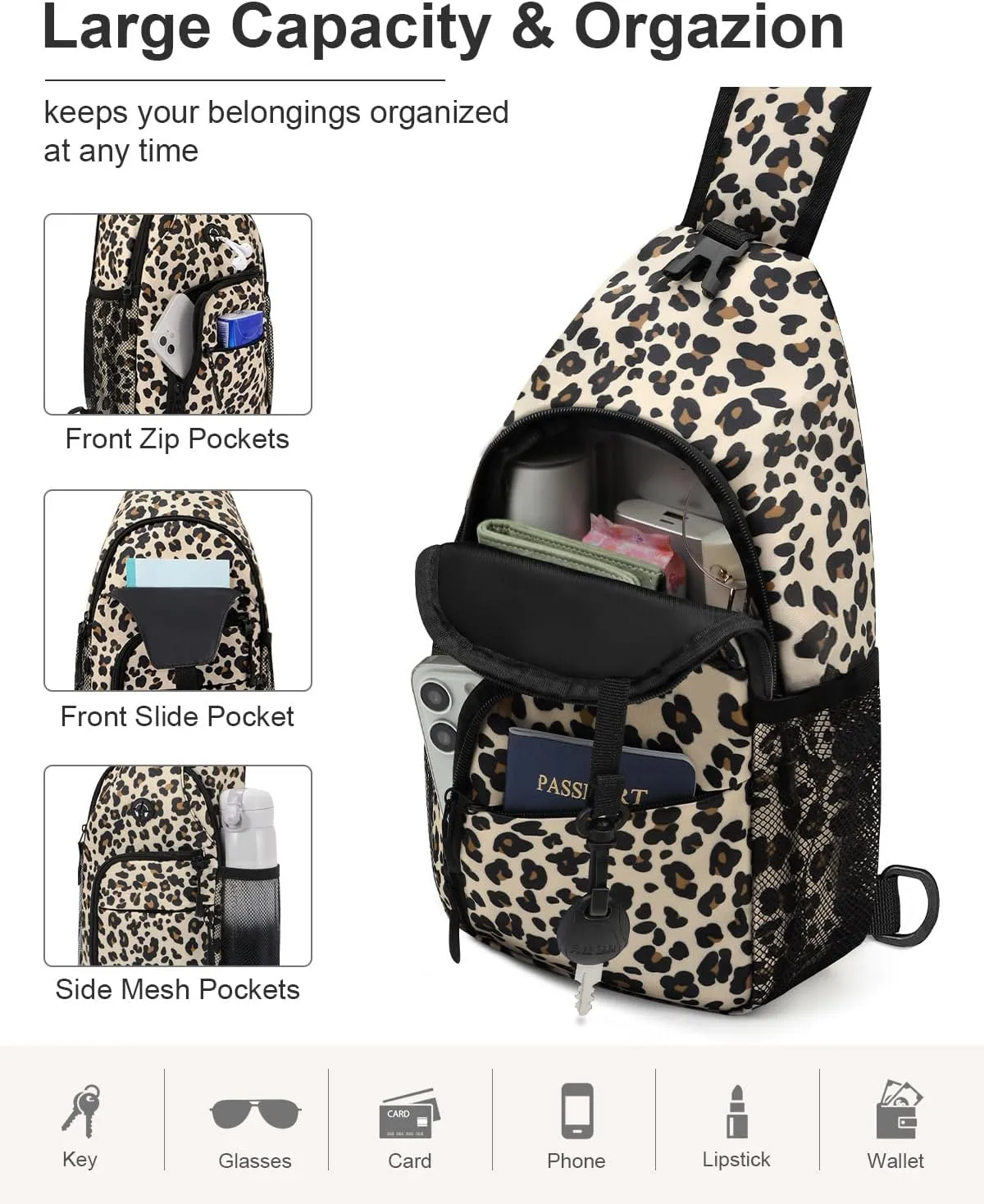 Crossbody Bags for Women Man Waterproof Sling Bag Backpack Trendy Casual Cross Body Bag with Convertible Shoulder Strap Chest Bag for Camping Hiking Travel Essentials (Leopard, Medium)