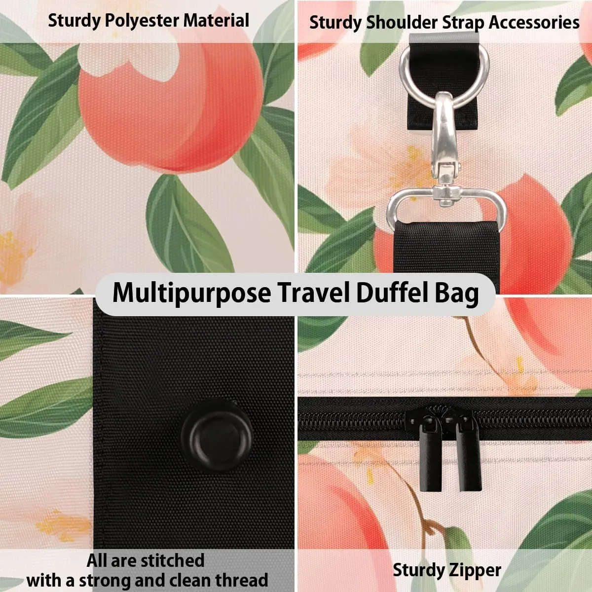 Cute Peaches Foldable Lightweight Duffle Bag for Travel - Waterproof Carry On Bags for Airplanes, Travel Duffel Bags for Gym, Weekend