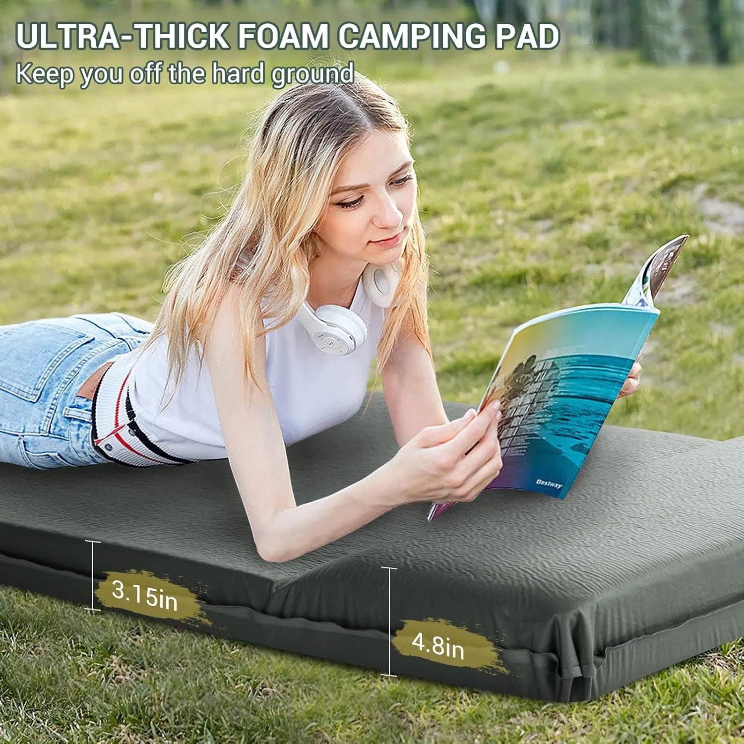Elegear Self Inflating Sleeping Pad, 3.15" Ultra-Thick Memory Foam Camping Pad with Pillow Fast Inflating in 20s Insulated Camping Mattress Pad 4-Season Camp Sleeping Mat for Camp/Travel/Car/Tent