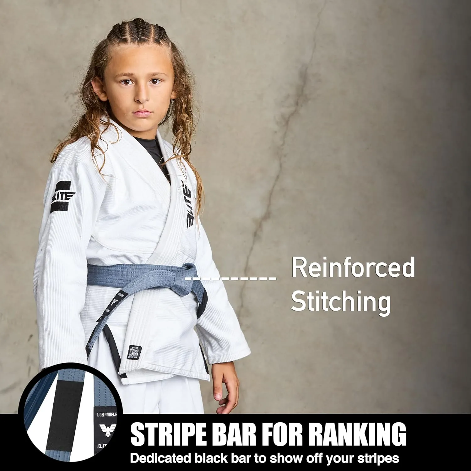 Elite Sports Kids Brazilian Jiu Jitsu Belts Preshurunk Martial Arts Youth BJJ Belts for Girls & Boys with BJJ Ranking Stripes