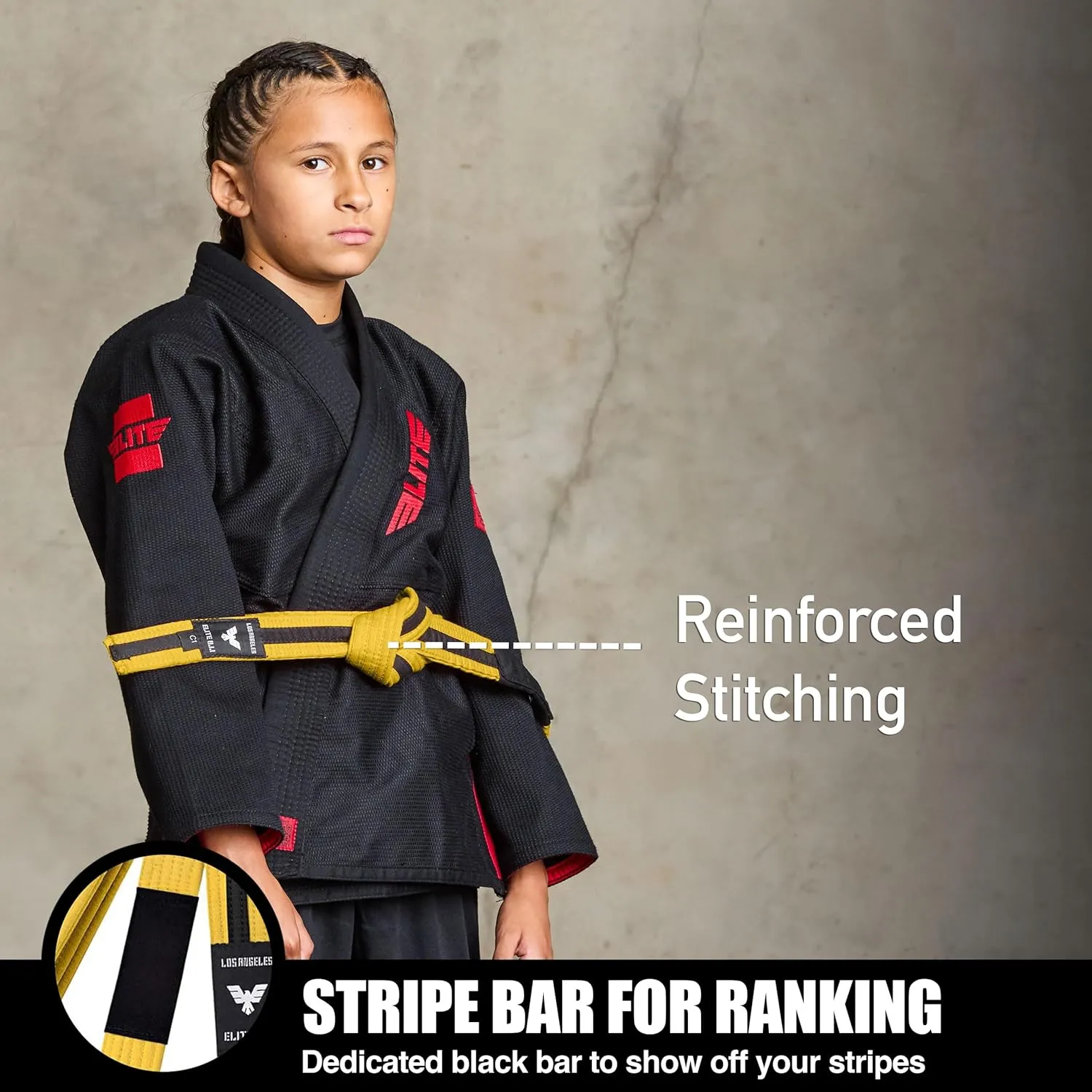 Elite Sports Kids Brazilian Jiu Jitsu Belts Preshurunk Martial Arts Youth BJJ Belts for Girls & Boys with BJJ Ranking Stripes