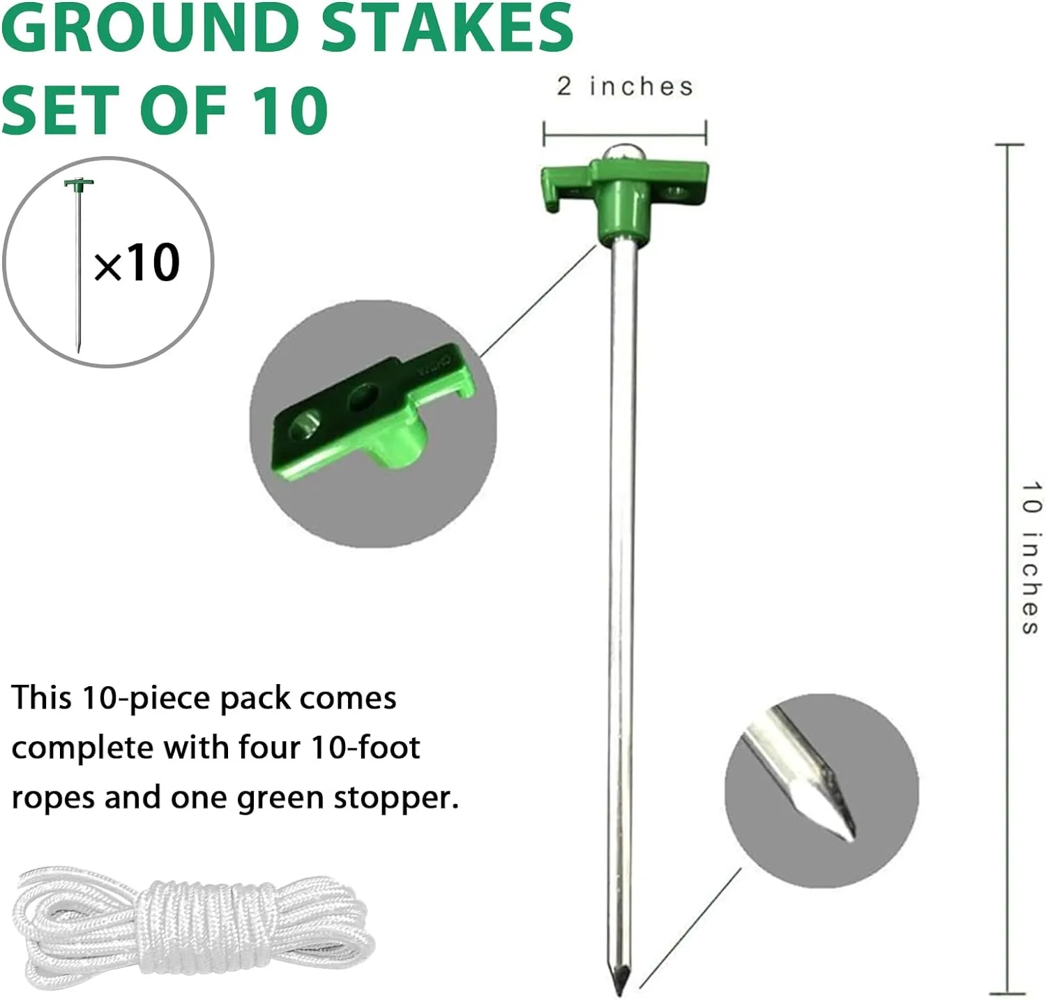 Eurmax USA Galvanized Non-Rust Camping Family Tent Pop Up Tent Stakes Canopy Anchors Heavy Duty 10pc-Pack, with 4x10ft Ropes & 1 Green Stopper